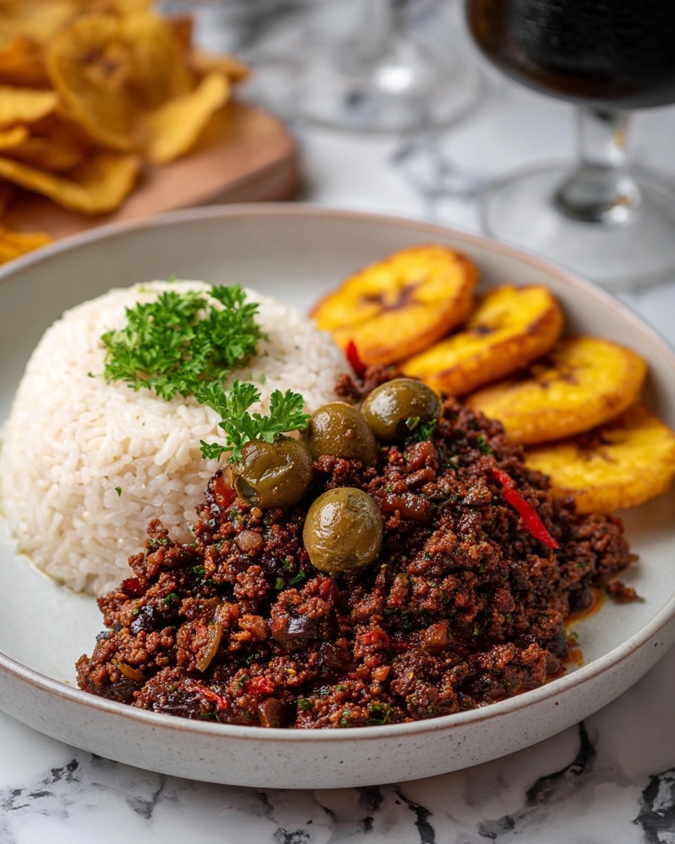 A white plate holds three main layers: on the left is a mound of fluffy white rice with a soft texture, in the center is a thick layer of dark brown cooked minced meat mixed with green olives and small bits of red pepper, topped with a fresh green parsley sprig, and on the right are golden, crispy plantain slices arranged in a small stack. The plate sits on a white marbled surface, with a blurred dark glass and some plantain chips in the background. photo taken with an iphone --ar 4:5 --v 7