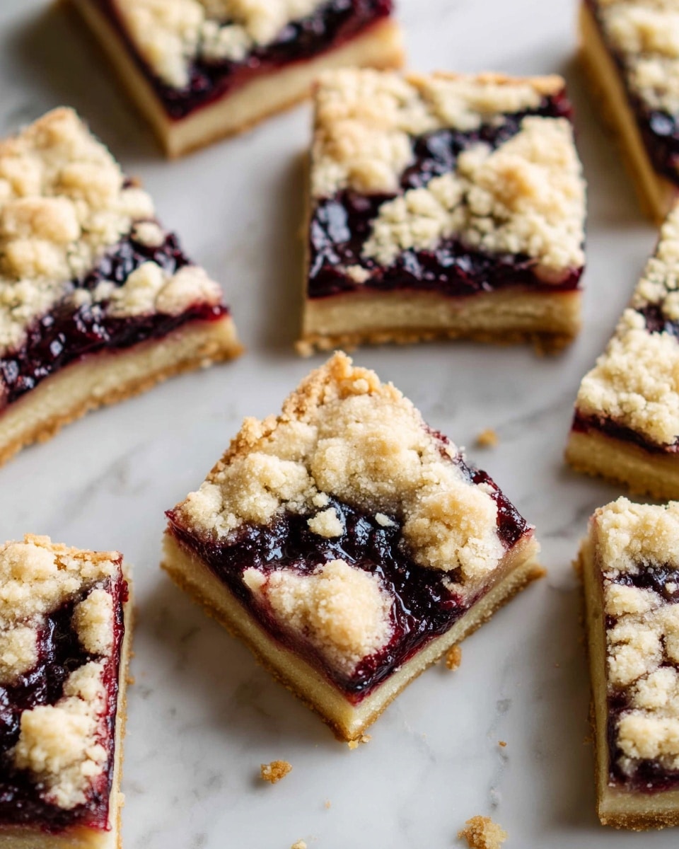 The image shows several square pieces of jam bars arranged on a white marbled surface. Each piece has three visible layers: the bottom layer is a thick, light golden cake base; the middle layer is a dark purple, glossy jam spread unevenly; the top layer is a crumbly, pale beige streusel topping with a coarse texture. The jam peeks through gaps in the crumbly top layer, creating a contrast of dark and light areas. The bars are cut with clean edges, and some crumbs are scattered around. Photo taken with an iphone --ar 4:5 --v 7