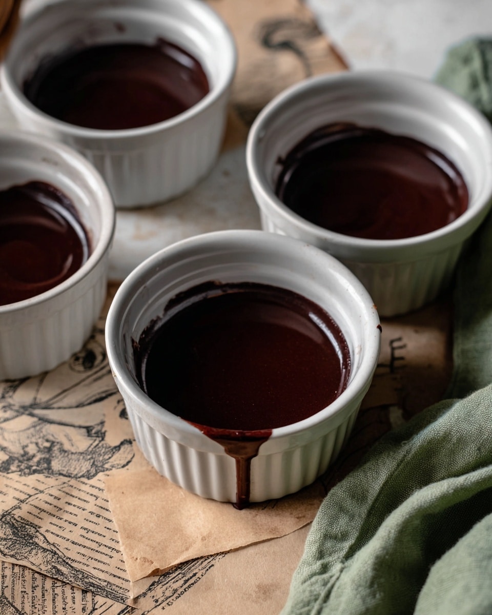 The image shows a group of white ceramic ramekins filled with a smooth, dark brown liquid that looks thick and shiny. Each ramekin is filled almost to the top with the same rich, chocolate-colored layer, and one ramekin has a drip of the dark liquid running slightly down its side. The ramekins are placed on a surface covered with old, messy papers that have sketches and text, with a soft green cloth partially shown on the right side. The background has a white marbled texture photo taken with an iphone --ar 4:5 --v 7