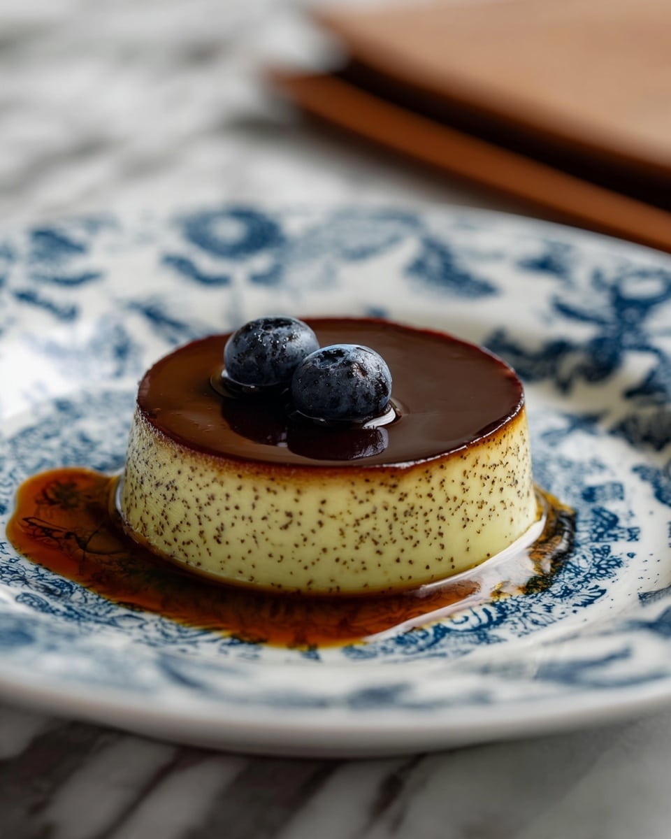 The image shows a small round dessert with two layers on a white plate with blue patterns. The bottom layer is light yellow with small seeds or specks throughout, giving it a slightly rough texture. The top layer is smooth, shiny, and deep brown, covering the entire top surface evenly. Two fresh blueberries rest on the center of the brown layer, adding a touch of blue. A dark caramel sauce surrounds the base of the dessert, pooling on the plate and creating a glossy contrast between the dessert and the white marbled surface below. Photo taken with an iphone --ar 4:5 --v 7