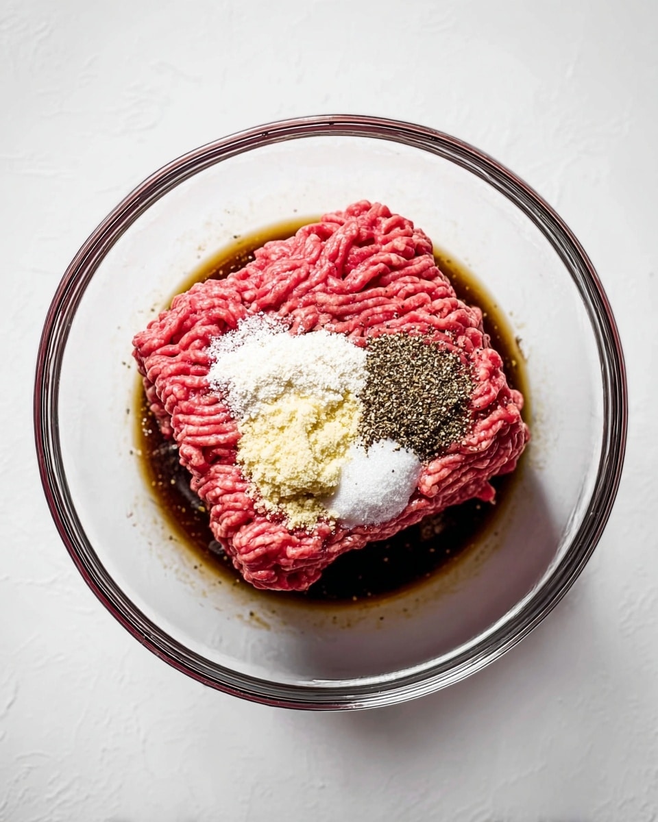 A clear glass bowl sits on a white marbled surface, holding a square block of bright pink ground meat as the main layer filling the bowl. On top of the meat, there are four small piles of dry powders in pale yellow and white shades, some mixed with black pepper flakes, neatly placed toward one side of the meat’s surface. Dark brown liquid pools slightly around the bottom edge of the meat, barely visible through the clear sides of the bowl. The bowl is simple and round, showing the raw ingredients inside clearly. photo taken with an iphone --ar 4:5 --v 7