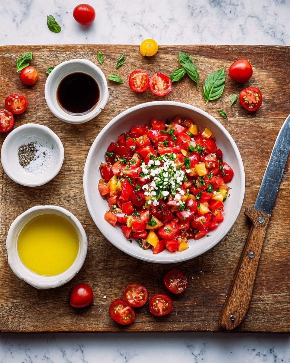 A white bowl filled with a colorful mix of diced cherry tomatoes, topped with chopped green basil and small pieces of white garlic at the center. The bowl sits on a wooden board, which also holds a wooden-handled knife on the right side. To the left of the bowl, there are three small white bowls arranged vertically: one with dark balsamic vinegar, one with light olive oil, and one with white salt and pepper. Around the board are whole and halved cherry tomatoes and scattered green basil leaves. The scene is set on a white marbled surface. photo taken with an iphone --ar 4:5 --v 7