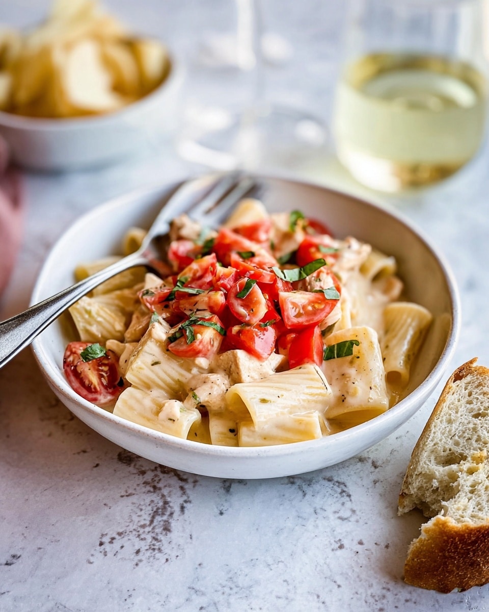 A white bowl holds three layers: the bottom layer is rigatoni pasta in a creamy light beige sauce, the middle layer has chunks of light-colored chicken mixed in, and the top layer is bright red chopped tomatoes and small green basil pieces sprinkled over everything. A silver fork and spoon rest inside the bowl on the left side. In the background, there is a blurry white bowl with pale chips, a glass of light yellow liquid to the right, and a piece of crusty bread with a golden-brown crust at the front right, all placed on a white marbled surface. photo taken with an iphone --ar 4:5 --v 7