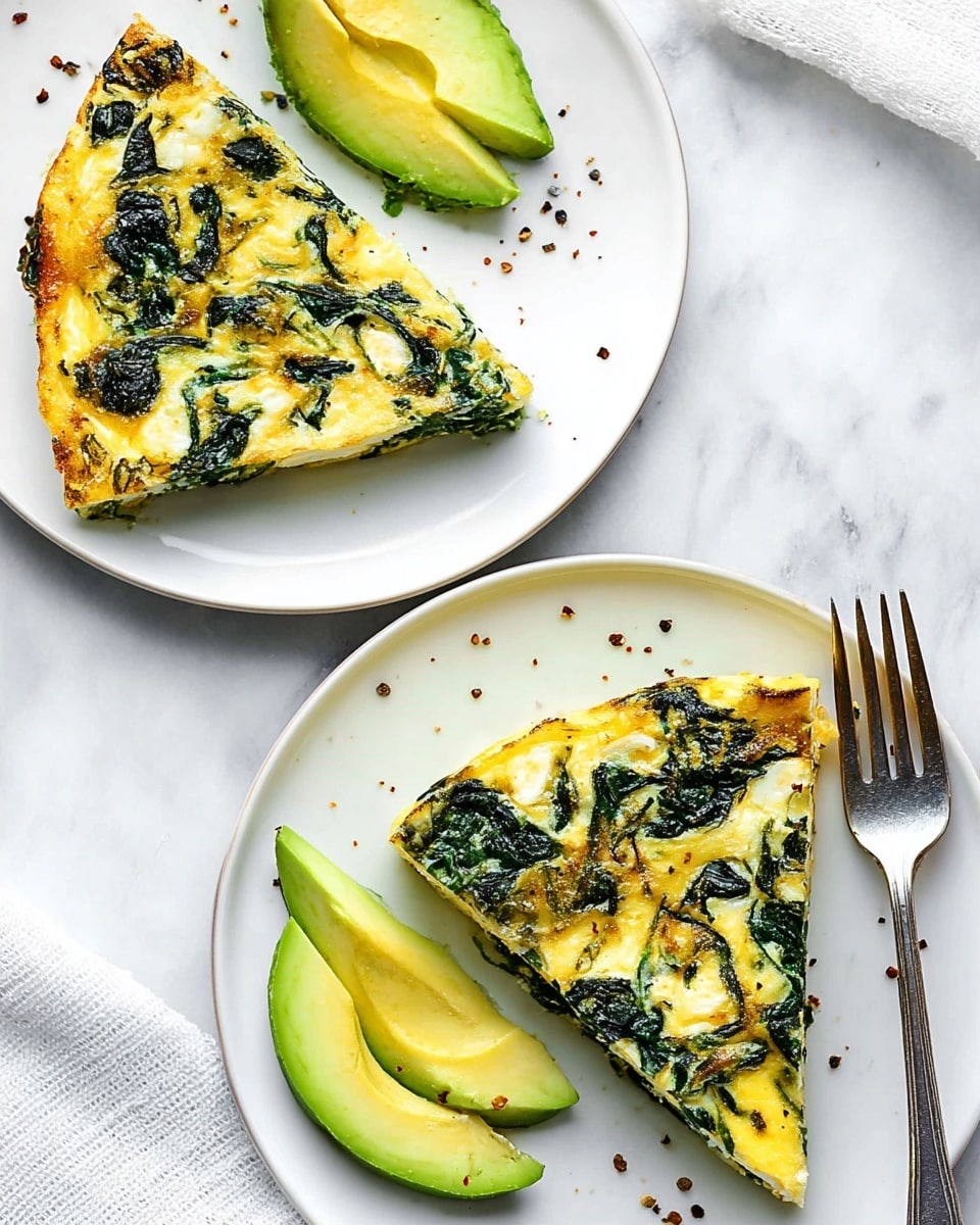 The image shows two white plates on a white marbled surface, each holding a slice of a spinach and egg dish with pieces of spinach visible throughout its golden-yellow surface. The dish looks fluffy with small layers of cooked spinach embedded inside. Each plate has three green slices of avocado on the side. One plate has a woman's hand holding a fork with a piece of the dish, showing the soft inside texture. There are tiny black pepper flakes sprinkled around the plates, adding contrast to the light colors. Photo taken with an iphone --ar 4:5 --v 7