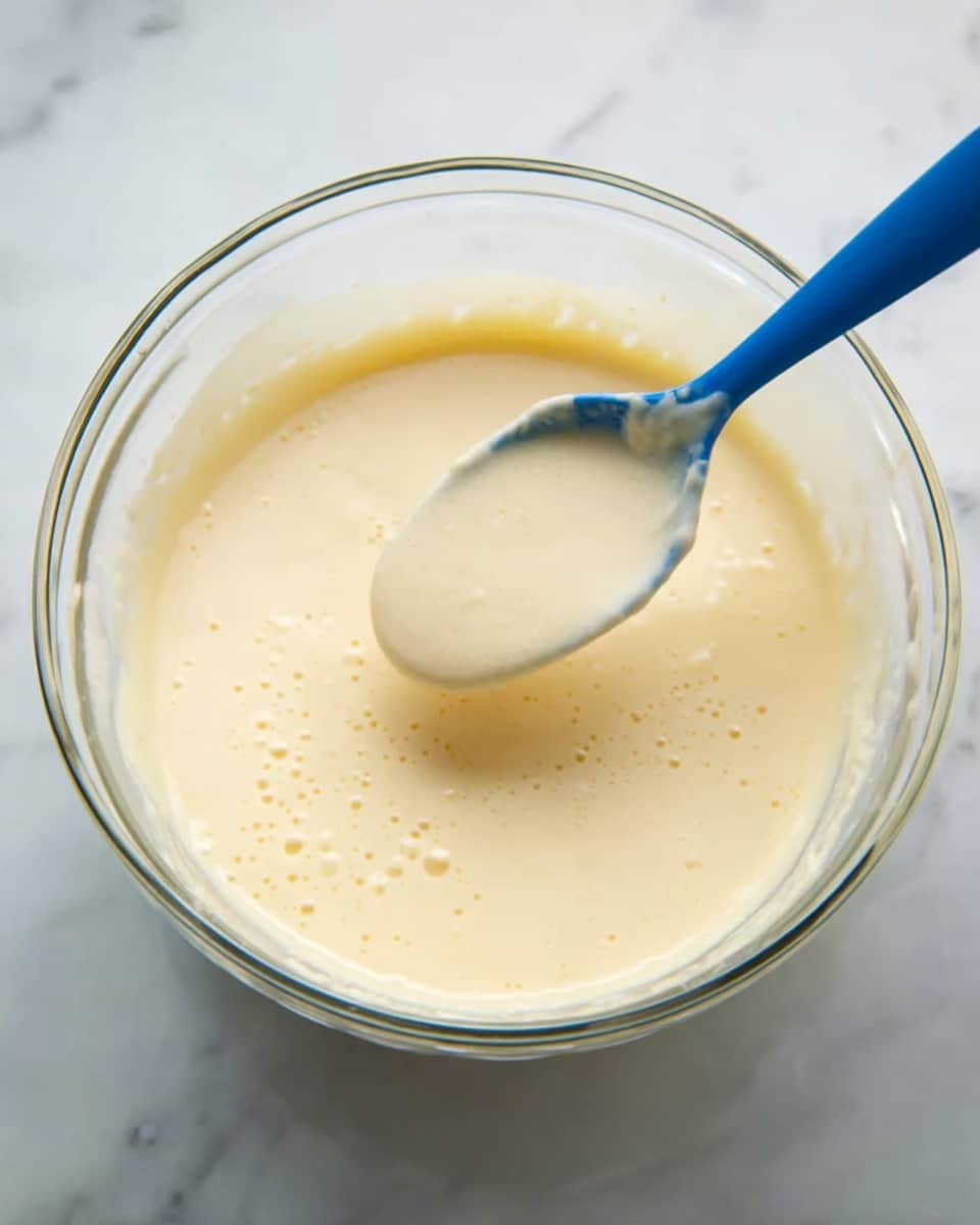 A clear glass bowl filled with a smooth, pale yellow batter that has a few small bubbles on the surface. A blue spoon is scooping some of the batter, showing its thick, creamy texture. The bowl sits on a white marbled surface, and the batter fills about two-thirds of the bowl. The image is simple with soft light and no other objects. photo taken with an iphone --ar 4:5 --v 7