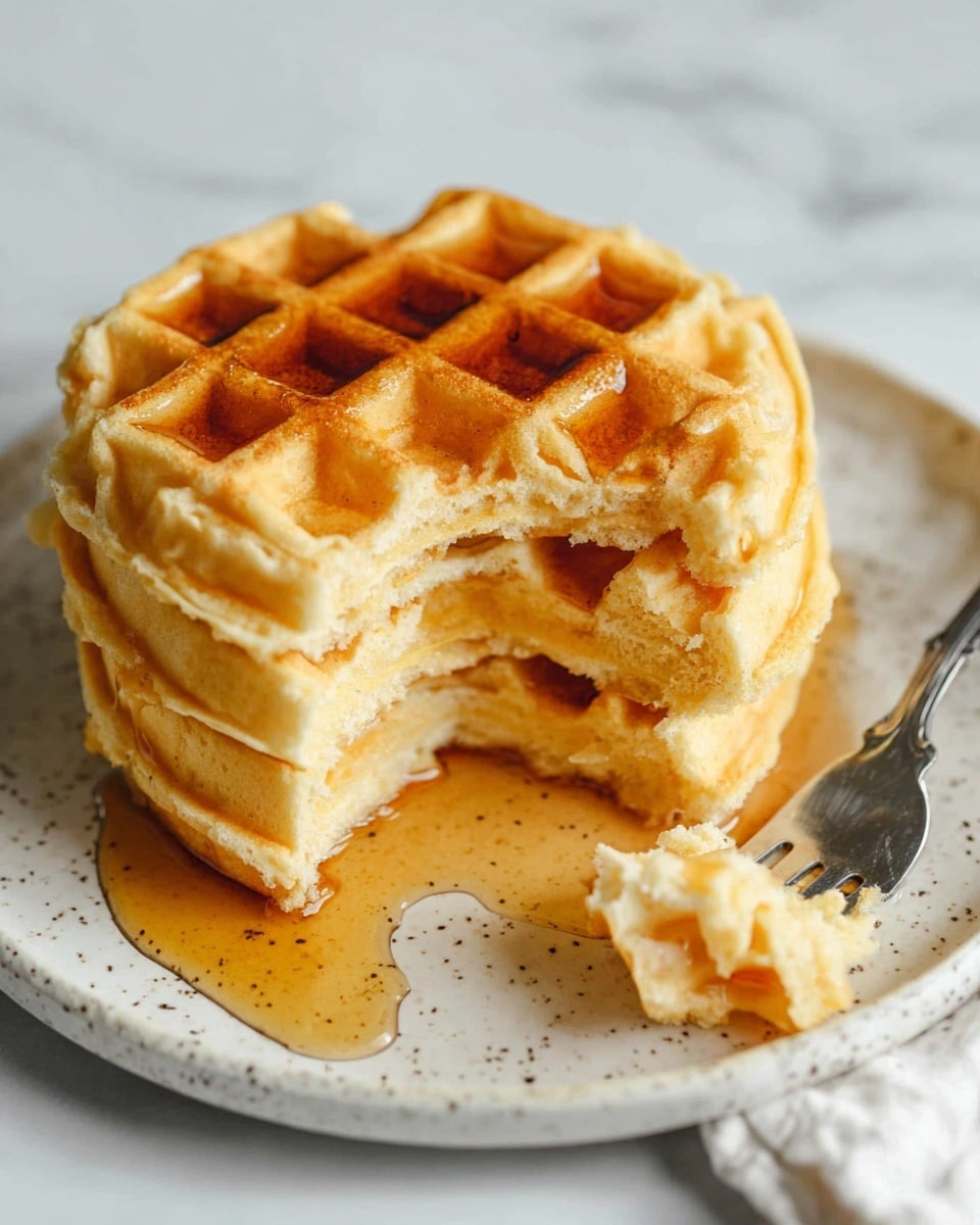 A stack of four golden waffles sits in the center of a white speckled plate on a white marbled surface. The waffles are thick and fluffy, with the top waffle showing the classic grid pattern and a bite taken out, revealing the soft layers inside. Light amber syrup pools and spreads around the base of the waffles, giving a shiny wet look. A silver fork lies partially on the plate's edge near the waffles, with a piece of waffle resting close to the fork. Photo taken with an iphone --ar 4:5 --v 7