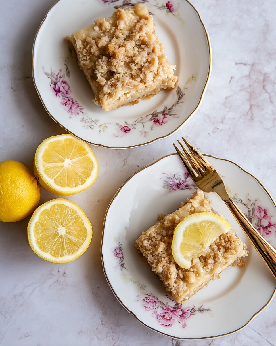 The image shows two pieces of a crumbly oat dessert with a light golden color, each placed on a white plate with pink and purple floral designs. One piece is a bit bigger and shows a rough, coarse oat crumble texture on top, while the other piece sits on a plate with a thin lemon slice beneath it, revealing a moist, smooth bottom layer. A shiny gold fork lies diagonally on the plate with the smaller piece, resting near the dessert. Next to the plates are two bright yellow lemon halves, with juicy and textured interiors, all set on a white marbled surface photo taken with an iphone --ar 4:5 --v 7