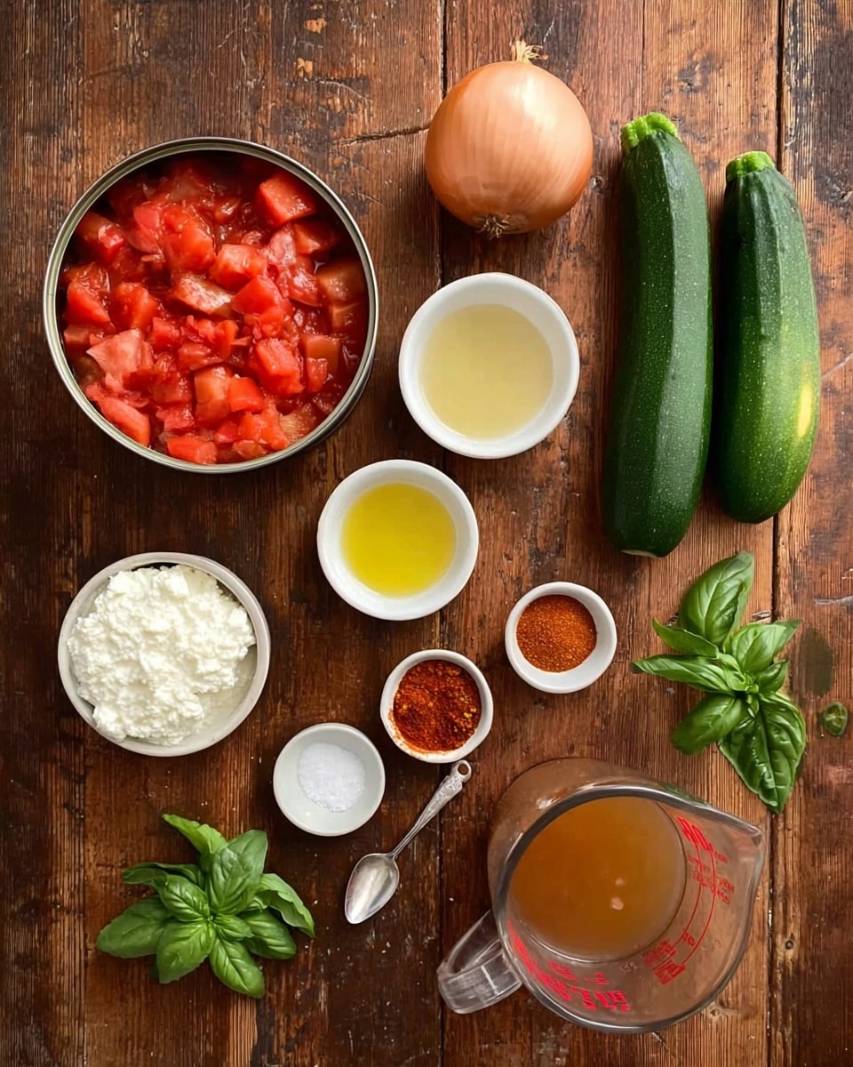 The image shows a wooden table with various fresh and prepared ingredients arranged neatly. There is a large open can of diced tomatoes filled with bright red chunks, two green zucchinis one whole and one sliced in half sitting beside a whole light brown onion. Nearby are smaller white bowls containing a golden yellow liquid, coarse white salt with a spoon, a small heap of reddish spice flakes with a spoon next to it, and a tiny cup of smooth red paste. A glass bowl holds a creamy white substance that looks like ricotta or cottage cheese, next to a bunch of fresh green basil leaves. There is also a clear glass measuring cup filled with a light brown broth. All items rest on a rustic wooden surface. photo taken with an iphone --ar 4:5 --v 7