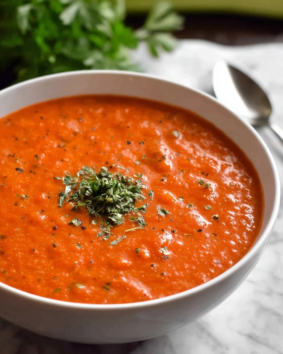 A white bowl filled with thick, smooth orange-red soup, showing a slightly chunky texture with small bits throughout. A small pile of finely chopped green herbs is placed in the center on top of the soup, adding a pop of color. Part of a silver spoon is visible to the side, resting on a white marbled surface. In the background, there is a blurred green vegetable adding a fresh touch to the setting. Photo taken with an iphone --ar 4:5 --v 7