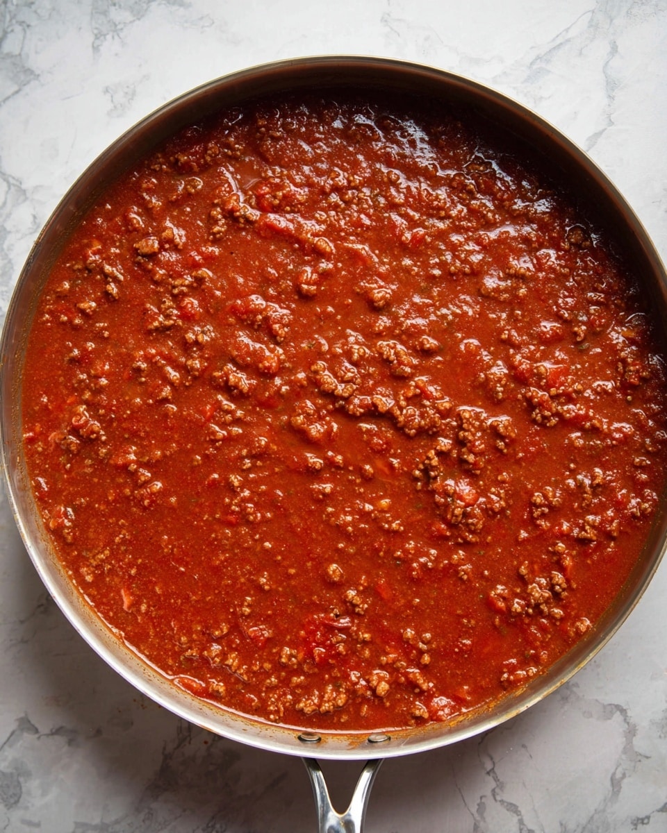 A large round metal pan filled evenly with rich, chunky red tomato sauce mixed with ground meat, with small bits of tomatoes and herbs visible throughout the sauce. The sauce has a thick texture and a shiny surface, showing a mix of darker and lighter red shades. The pan rests on a white marbled surface, and the metal handle of the pan is visible, creating a contrast with the deep red sauce inside. photo taken with an iphone --ar 4:5 --v 7