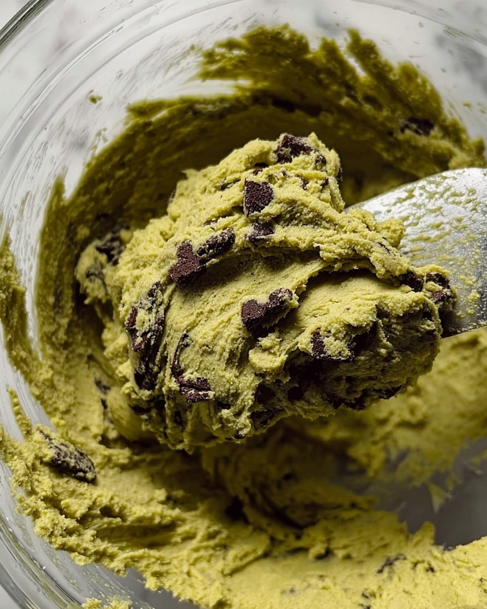A close-up image shows a thick, greenish dough with dark brown chunks spread inside a transparent bowl with some dough sticking to the edges. A spatula with some dough on it is partially visible on the right side, mixing the dough. The dough’s texture looks soft and a bit rough with visible small holes and folds. The background is a white marble surface. photo taken with an iphone --ar 4:5 --v 7