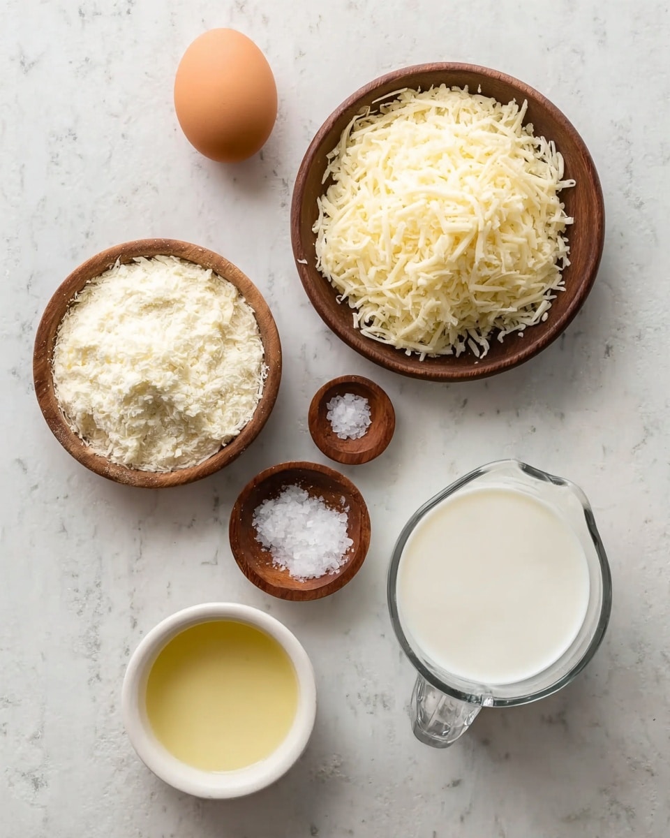 The image shows six ingredients arranged on a white marbled surface. In the top left corner is a single brown egg, smooth and whole. Next to it on the right is a small round wooden bowl filled with finely shredded white cheese. Below, there is a larger wooden bowl also holding a mound of shredded white cheese, coarser in texture. Near the center, a tiny wooden bowl contains a small pile of white salt crystals. Below, a white ceramic bowl holds a pale yellow liquid, likely oil. To the bottom right is a transparent glass measuring cup filled with white milk, showing clear liquid texture. All items are neatly spaced, each with distinct color and texture contrast. Photo taken with an iphone --ar 4:5 --v 7