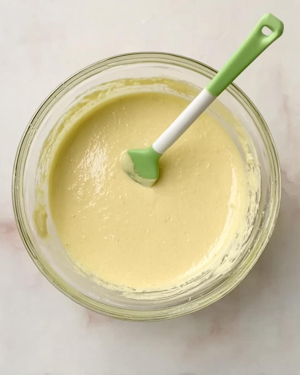 A clear glass bowl filled with a smooth, pale yellow batter, showing a creamy and slightly thick texture. A green spatula with a white tip rests inside the batter, partially covered with the mixture. The bowl sits on a white marbled surface, and the scene is viewed from above, showing no other objects or layers. photo taken with an iphone --ar 4:5 --v 7