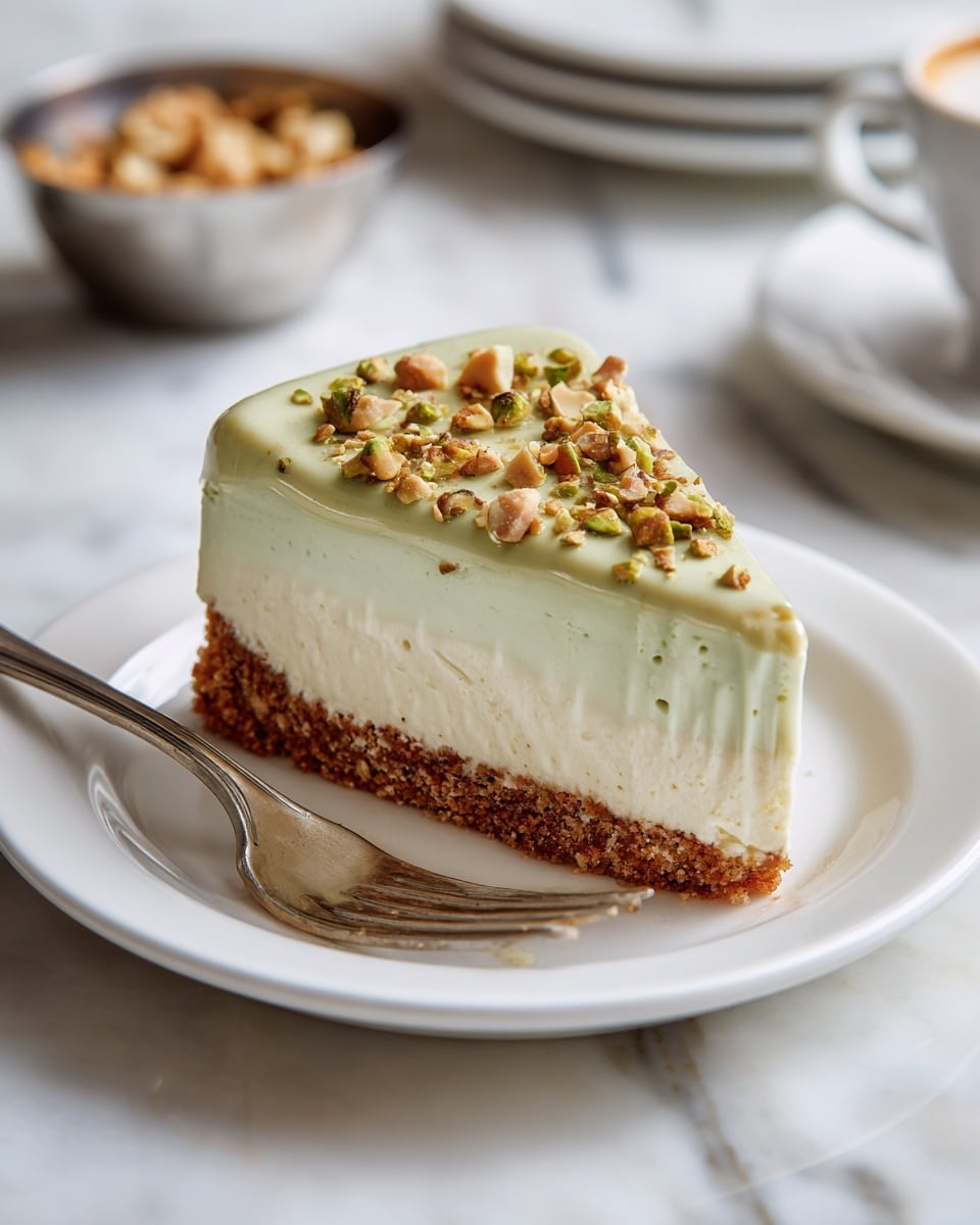 A single slice of cheesecake sits on a white plate with a silver fork beside it. The cheesecake has two layers: a light brown crumb crust at the bottom and a thick, creamy light greenish-beige filling above it. The top layer is glossy and smooth with a greenish pistachio-flavored glaze, sprinkled with small pieces of chopped nuts. The background features a white marbled surface with a blurred metal bowl of chopped nuts and partial views of other white plates. photo taken with an iphone --ar 4:5 --v 7