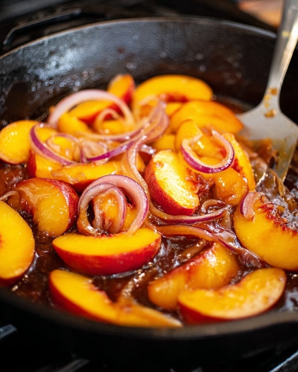The image shows a black cast iron pan filled with sliced peaches and thinly sliced onions cooking together. The peach slices are bright orange with red edges and a shiny, slightly soft texture, sitting in a dark brown sauce with a glossy finish. The thin, pale purple onion rings are scattered on top and around the peach slices, mixing with the sauce and fruit. The pan is on a stove, and a metal spatula is partially visible at the top right corner, stirring the food. photo taken with an iphone --ar 4:5 --v 7