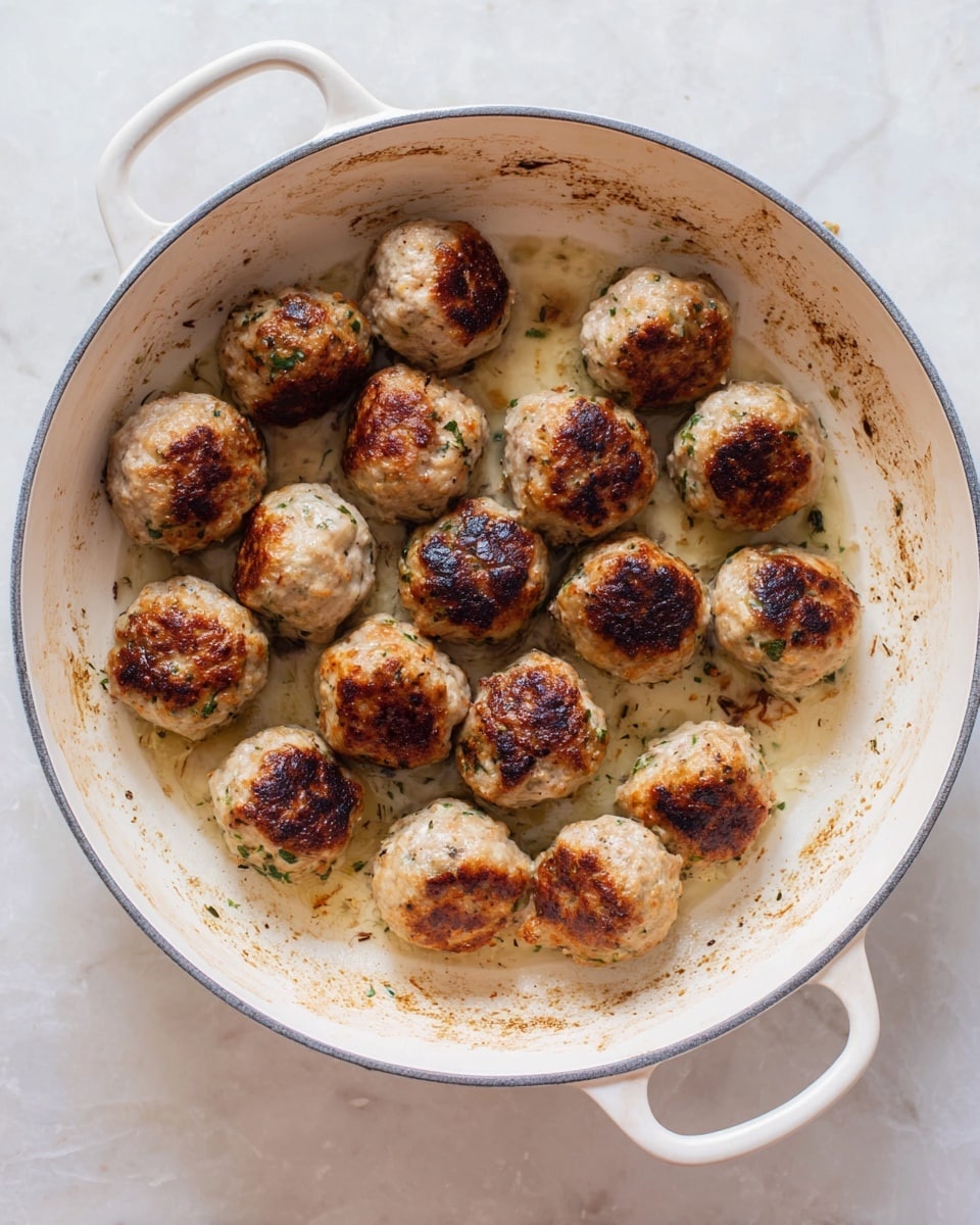 Inside a white round pan with two handles, there are about fourteen browned meatballs evenly spaced. Each meatball is golden brown on the top and sides with a slightly crispy texture and some specks of green herbs. The pan has browned spots from cooking, adding texture to the creamy interior of the pan. The pan sits on a white marbled surface that adds a soft, bright background to the image photo taken with an iphone --ar 4:5 --v 7