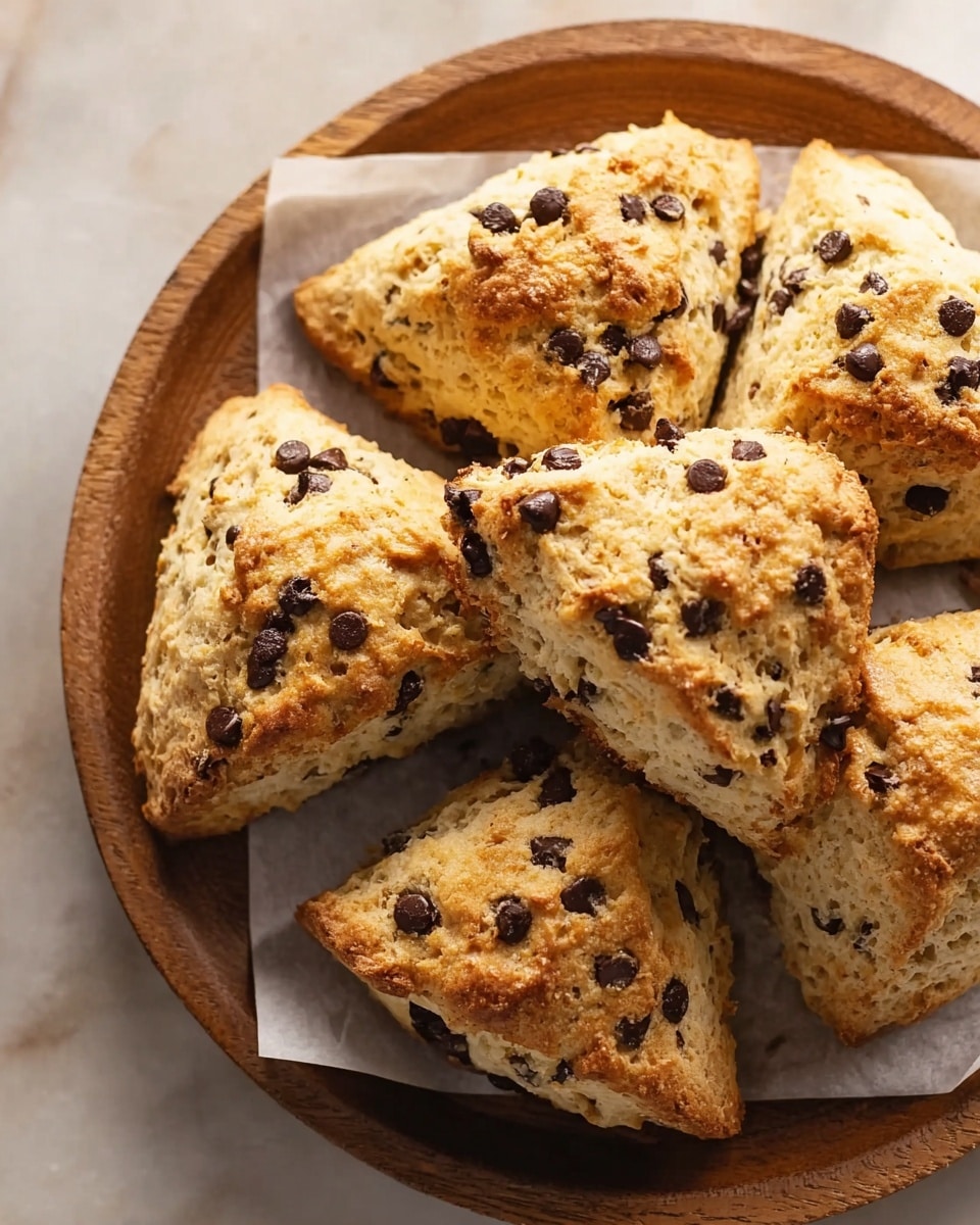 A wooden round tray holds several triangular scones that are golden brown with a rough, crumbly texture. Each scone is dotted with many dark chocolate chips scattered unevenly across the surface. The scones sit on a piece of white parchment paper, and the tray rests on a white marbled surface. The lighting highlights the slightly crunchy edges and soft, fluffy inside of the scones. photo taken with an iphone --ar 4:5 --v 7