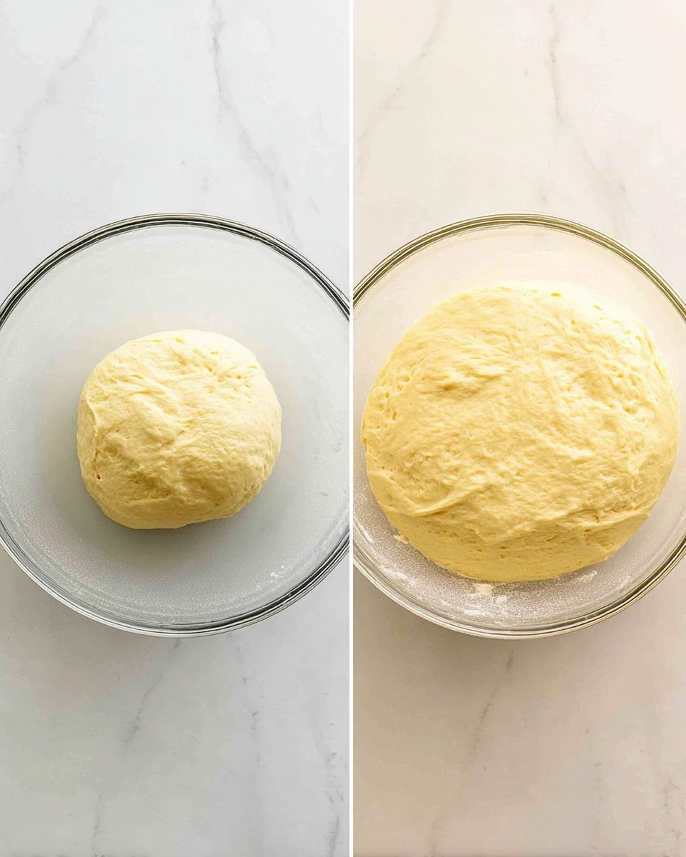 Two side-by-side images show a clear glass bowl on a white marbled surface. On the left, the bowl contains a dough ball that looks soft and slightly bumpy, resting at the bottom. On the right, the same dough has risen significantly to fill much more of the bowl, with a smooth, stretched surface and an airy texture, showing bubbles all over. The lighting is bright and natural, highlighting the dough's pale yellow color. Photo taken with an iphone --ar 4:5 --v 7