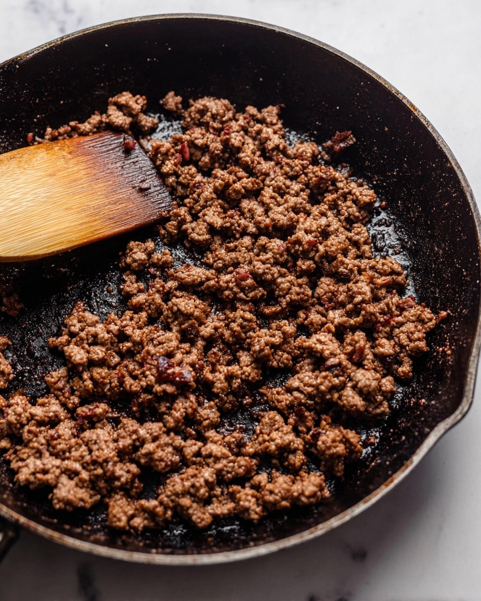 A close-up view shows small pieces of cooked ground meat in a dark cast iron pan with some browned, crispy edges. The meat is spread evenly across the pan, showing a mix of brown and reddish-brown colors with a slightly oily shine. A wooden spatula with a natural wood texture is partially visible on the left side, touching the meat. The pan sits on a white marbled surface that adds a clean, light background to the scene. Photo taken with an iphone --ar 4:5 --v 7