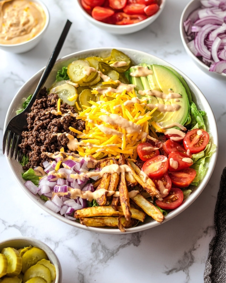 A white round bowl contains a layered salad starting with a bed of chopped green lettuce. On top, there are scattered slices of bright red cherry tomatoes in the bottom right, crispy browned potato sticks towards the top right, slices of green avocado next to them, and cooked crumbled dark brown ground beef beside the avocado. Shredded yellow cheese is placed in the center, with several wavy pickle slices on the left. Diced purple and white onions are near the top left and also mixed lightly around. A creamy light brown sauce is drizzled over many layers of the salad. A black fork rests on the left side of the bowl. In the background, a white bowl with purple and white diced onions, another white bowl with whole and halved cherry tomatoes, and a white bowl containing more pickle slices are visible, set on a white marbled surface. Photo taken with an iphone --ar 4:5 --v 7