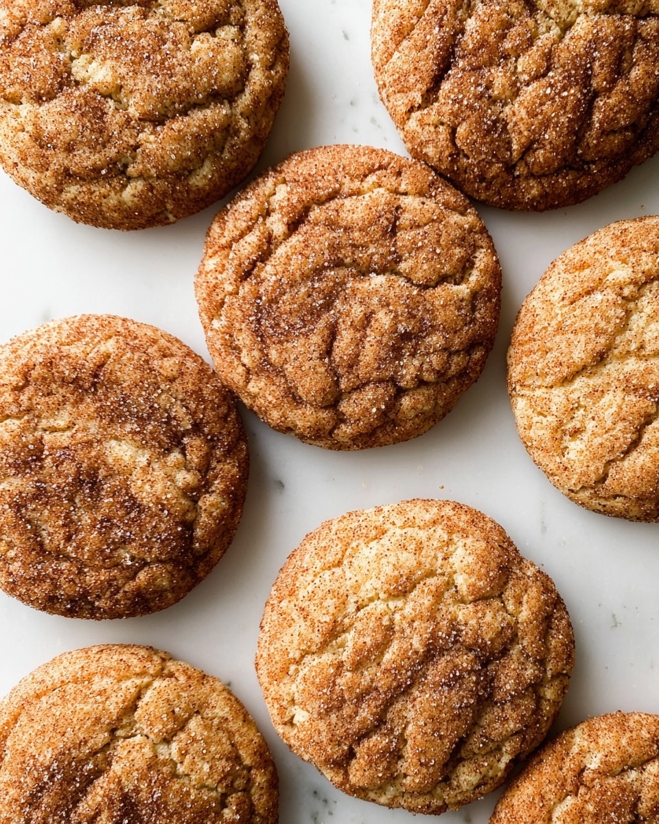 A close-up top view of seven round cookies arranged on a white marbled surface, each cookie has a cracked, rough texture with a light brown and golden color, and they are sprinkled lightly with granulated sugar and cinnamon, giving them a slightly sparkly and speckled look. The cookies appear soft with uneven, crinkled tops and visible darker cinnamon streaks across their surface forming natural patterns. photo taken with an iphone --ar 4:5 --v 7
