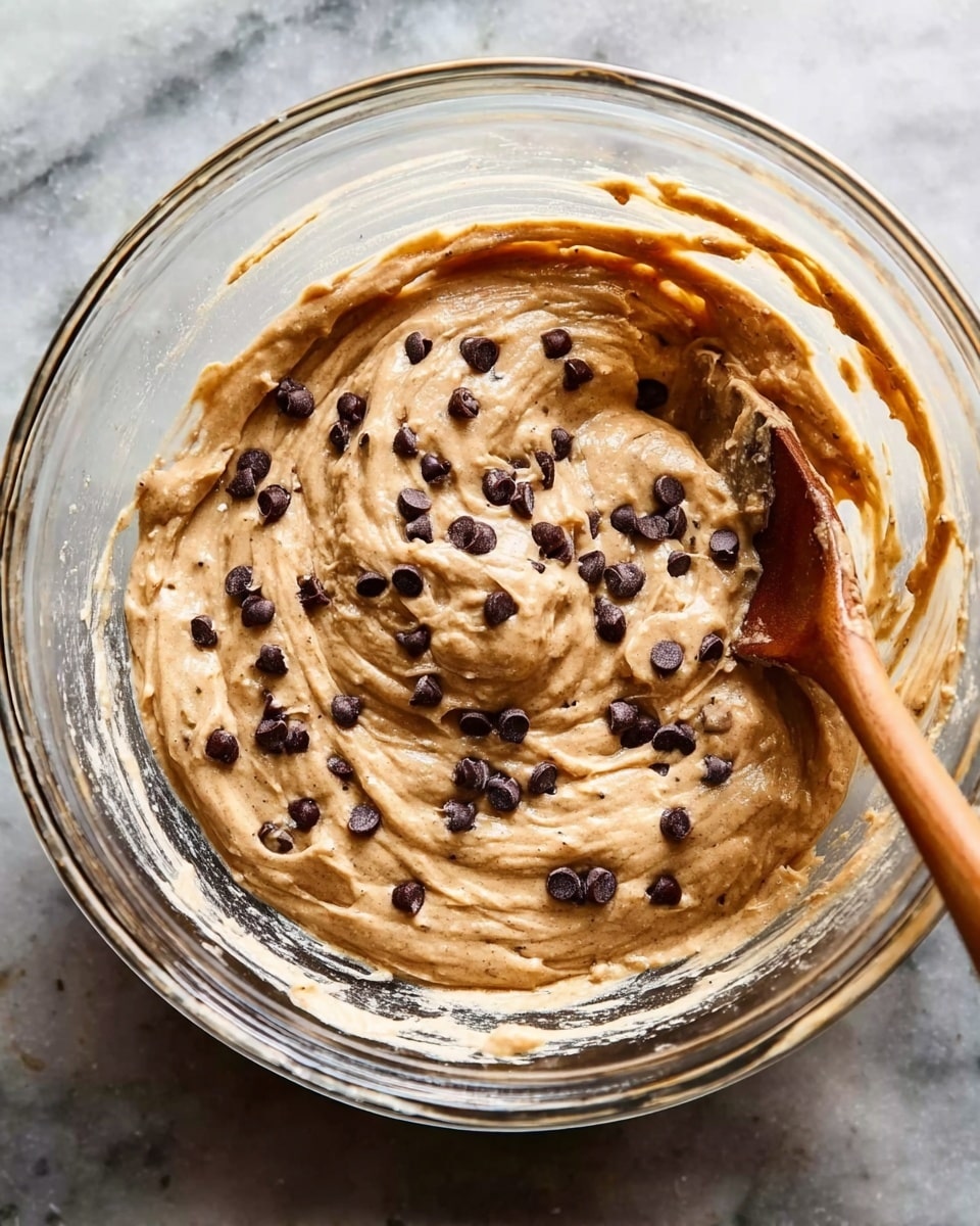 A clear glass mixing bowl filled with thick, light brown batter swirled smoothly, dotted with small dark chocolate chips scattered unevenly on top and inside the mixture, on a white marbled surface, with a wooden spoon resting inside the bowl's right edge, partially dipped into the batter, photo taken with an iphone --ar 4:5 --v 7