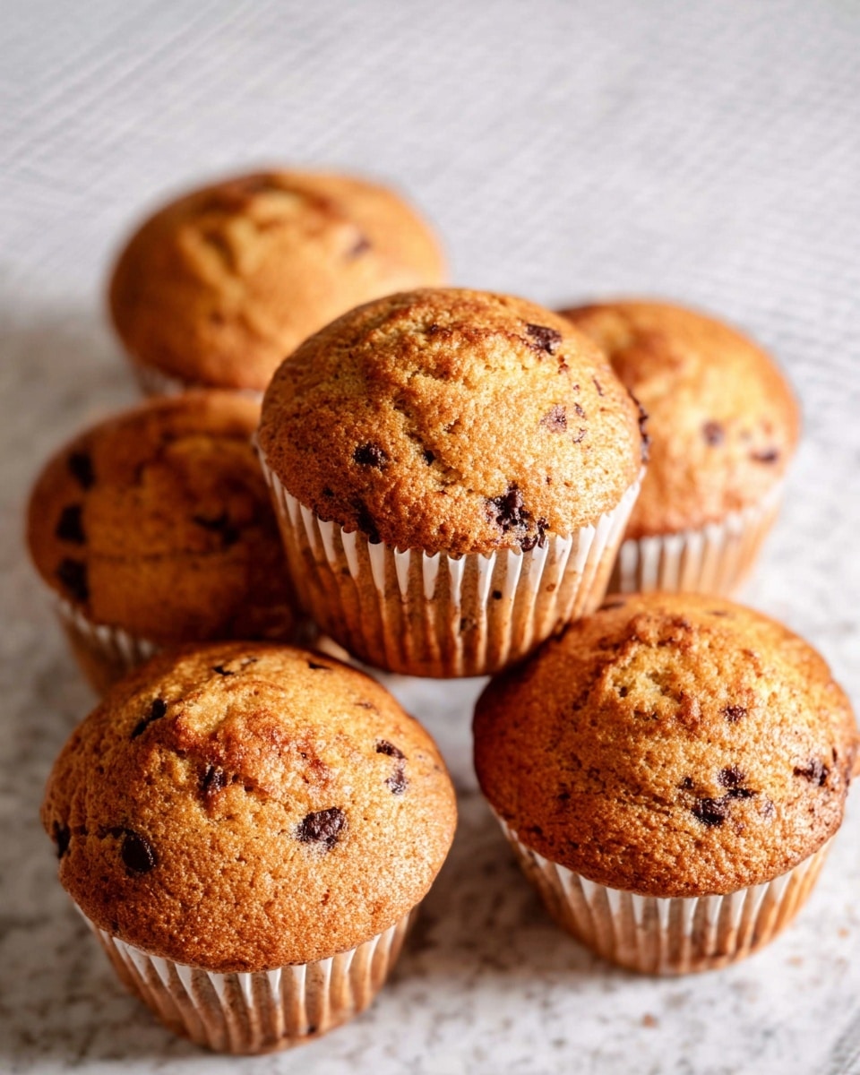 A group of five golden-brown muffins with chocolate chips is arranged closely on a white marbled surface, three muffins lower and two muffins slightly higher, creating a soft pyramid shape. Each muffin has a rounded, slightly uneven top sprinkled with visible dark chocolate spots, showing a rough but moist texture, and they sit in white paper liners. The lighting highlights the warm, baked surface with small cracks and browned edges on the tops of the muffins, emphasizing their freshly baked look. Photo taken with an iphone --ar 4:5 --v 7