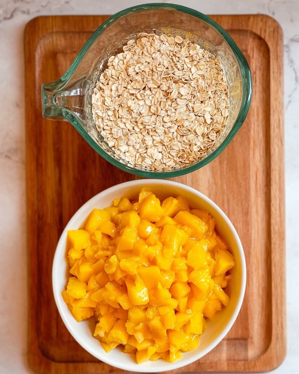 The image shows two clear glass measuring cups filled with ingredients placed on a wooden board. The top measuring cup holds a single layer of light tan rolled oats with a rough texture, evenly spread out. Below it, a white bowl contains a thick pile of small, bright orange-yellow diced peaches with a soft, juicy texture, filling the bowl almost to the top. The background surface is a white marbled texture. photo taken with an iphone --ar 4:5 --v 7
