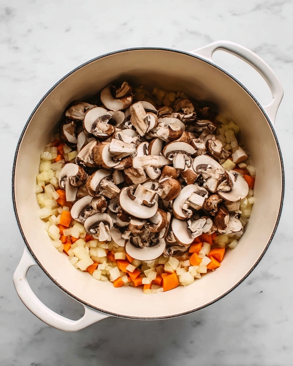 Inside a large white pot with two side handles, there are three layers of ingredients. The bottom layer shows small cubes of light yellow onion mixed with orange carrot pieces, giving a soft, cooked look. On top, there is a thick pile of sliced brown mushrooms with white stems and inner gills visible. The pot sits on a white marbled surface. photo taken with an iphone --ar 4:5 --v 7
