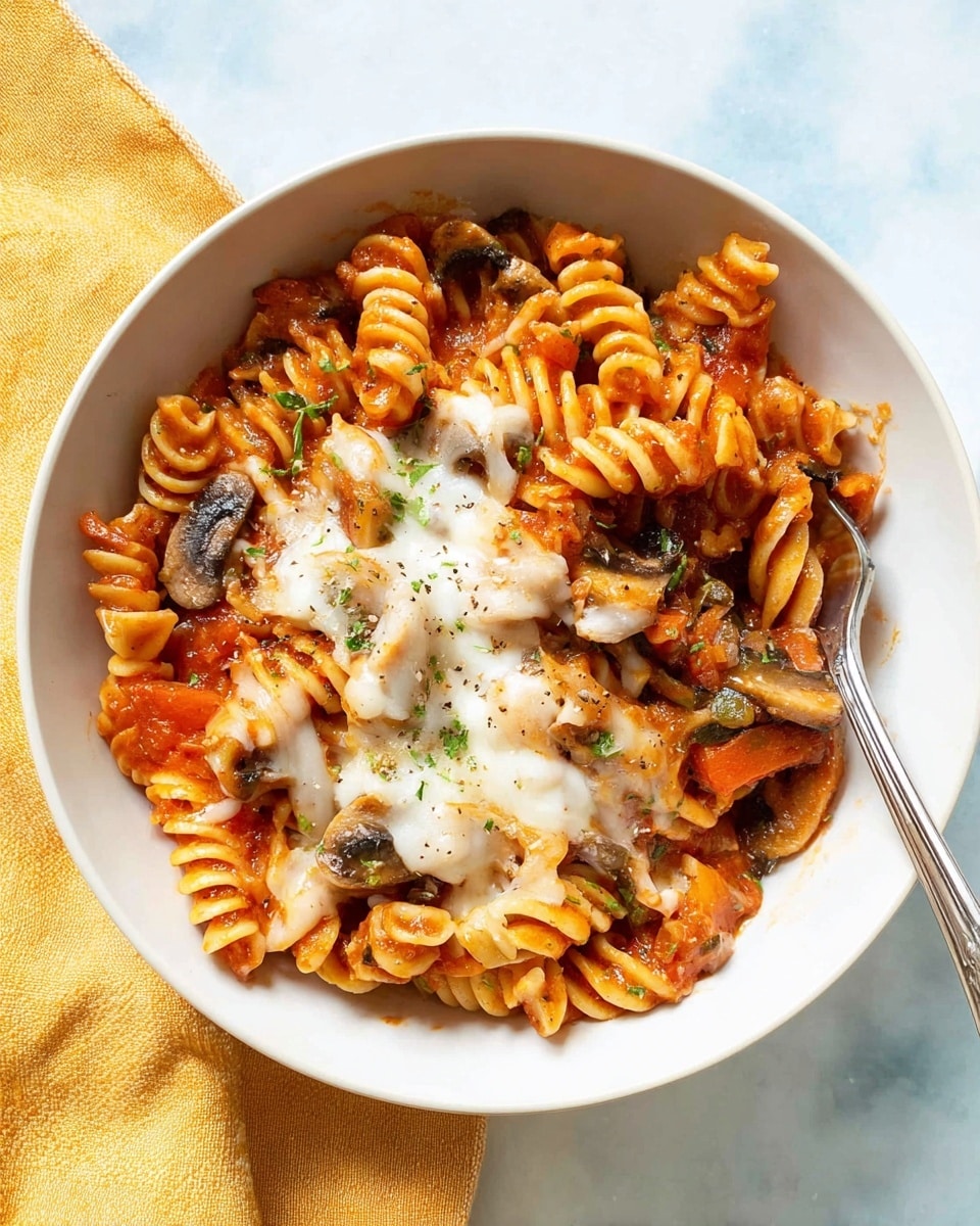 A white bowl holds a pasta dish with three main layers: the bottom layer is rotini pasta coated in a reddish-orange tomato sauce, visible throughout; the middle layer includes thick chunks of orange-red bell peppers and slices of brown mushrooms mixed with the pasta; the top layer is melted white cheese stretching over the pasta, sprinkled with small green herb pieces and a light dusting of black pepper. On the right side of the bowl, a silver spoon slightly stirs the pasta. The bowl sits on a soft yellow cloth, and the background is a white marbled texture. Photo taken with an iphone --ar 4:5 --v 7