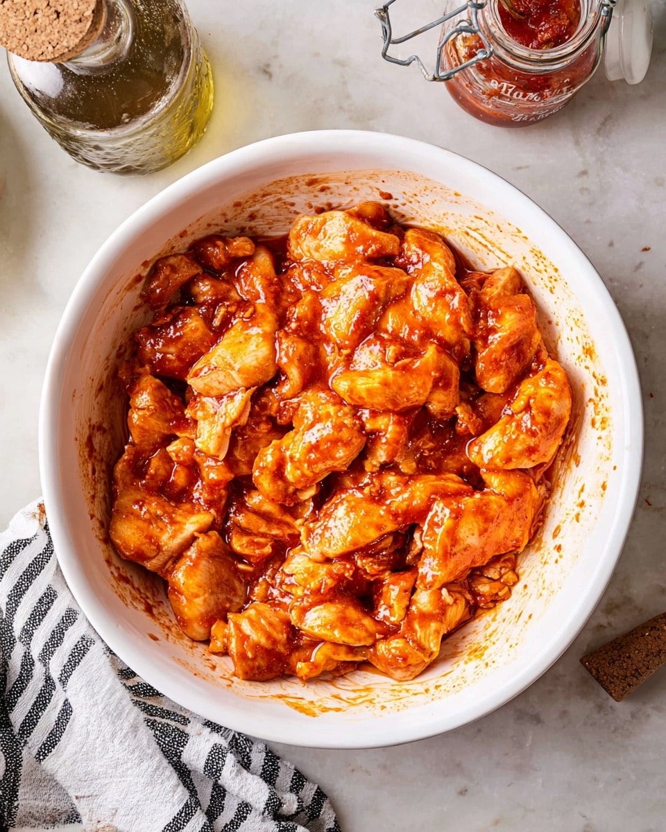 A white bowl filled with raw chicken pieces coated in a reddish-orange sauce has a thick and textured look. The chicken pieces vary in size and are tightly packed with the sauce visibly clinging to each piece. Around the bowl, there is a white marbled surface with items like a glass bottle with a cork top, a small jar with red sauce, and a kitchen towel with black and white stripes. The bowl looks slightly messy with sauce smeared inside along the edges. Photo taken with an iphone --ar 4:5 --v 7