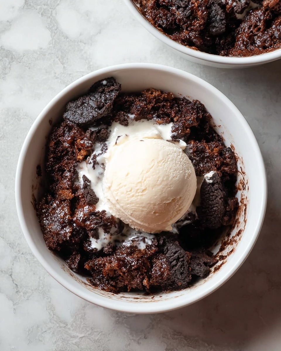 A white bowl filled with a rich dark brown chocolate dessert mixed with chunks of dark cookie pieces, giving a rough, crumbly texture. On top sits a single round scoop of smooth, creamy vanilla ice cream, softening slightly and melting a little around the edges, blending into the chocolate layer below. The bowl is on a surface with a white marbled texture. Another similar bowl is partially visible in the top right corner. photo taken with an iphone --ar 4:5 --v 7