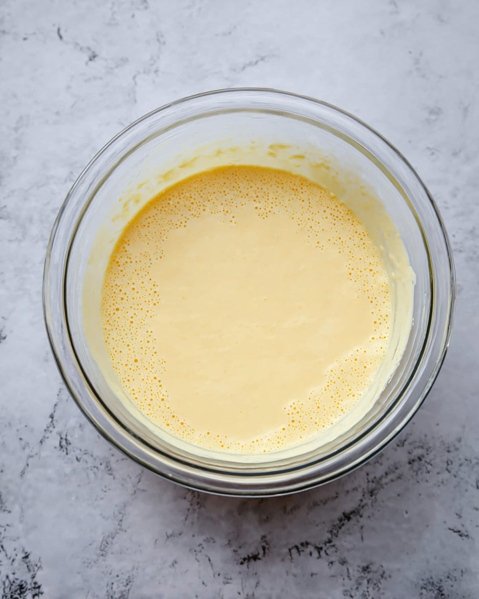A clear glass bowl filled with a smooth, pale yellow batter with tiny air bubbles on the surface, sitting on a white marbled texture. The batter looks creamy and liquid, evenly spread inside the bowl. photo taken with an iphone --ar 4:5 --v 7