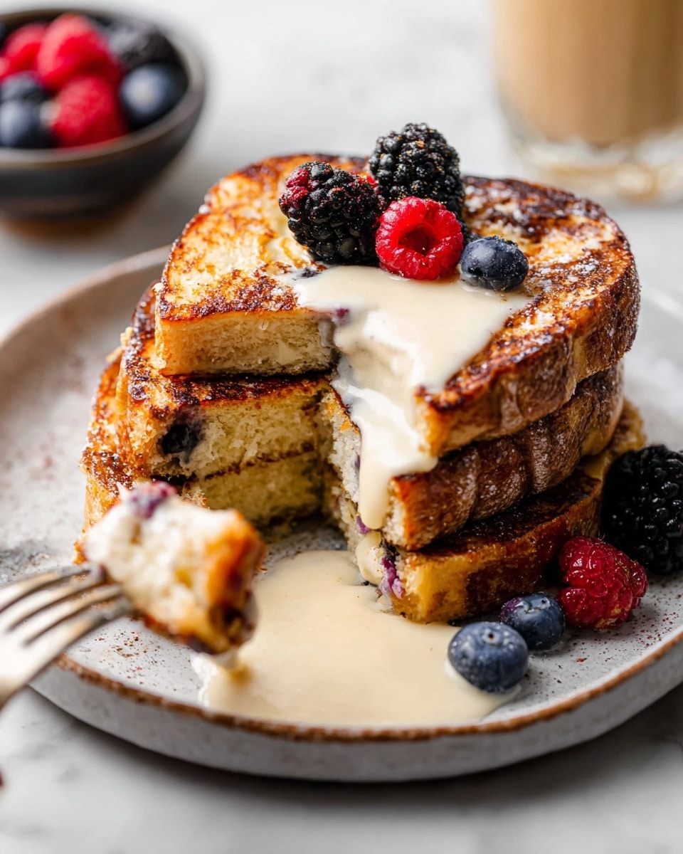 A stack of three golden-brown toasted slices sits on a white plate with a slightly raised edge, each slice thick and fluffy with visible bits of blueberry inside. The top slice is half-covered in a creamy light beige sauce that drips down the sides, pooling on the plate. On top of the sauce are fresh berries: a dark blackberry, a plump blueberry, and a bright red raspberry. More blueberries and blackberries scatter around the plate on the white marbled surface. A fork holds a piece of toast coated with the sauce near the left edge of the plate, with a woman's hand reaching from the left side. In the background, there is a blurred small bowl filled with more berries and a light-colored drink. Photo taken with an iphone --ar 4:5 --v 7