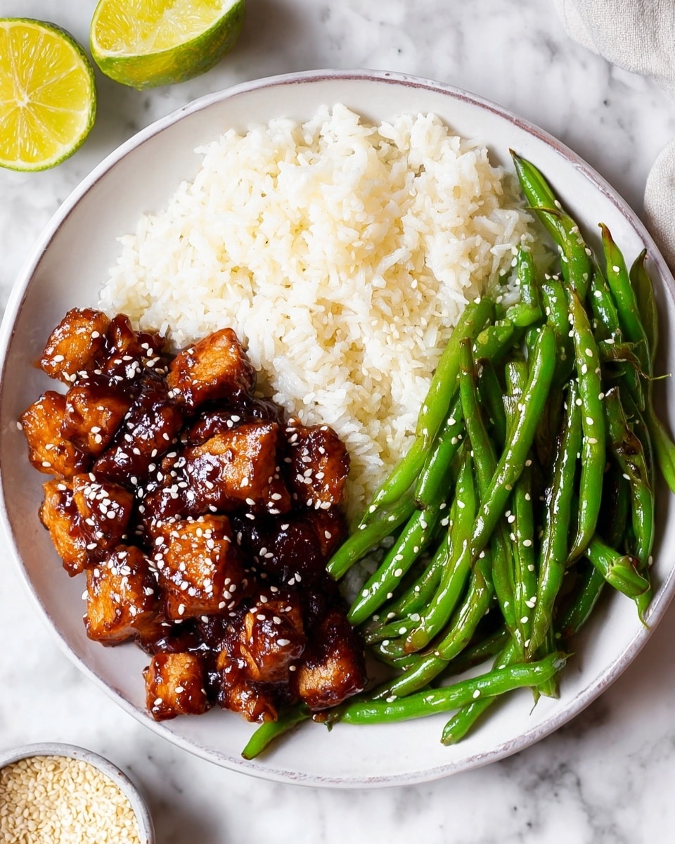 A white plate shows three parts of food arranged side by side: on the left is a serving of white rice with soft, fluffy grains; in the middle are bite-sized pieces of dark brown glazed chicken topped with small white sesame seeds, giving a shiny and sticky look; on the right is a pile of bright green, fresh green beans with a smooth and slightly wet texture, also sprinkled lightly with sesame seeds. The plate is set on a white marbled surface with two half-cut yellow limes nearby and a small bowl of sesame seeds in the corner. photo taken with an iphone --ar 4:5 --v 7