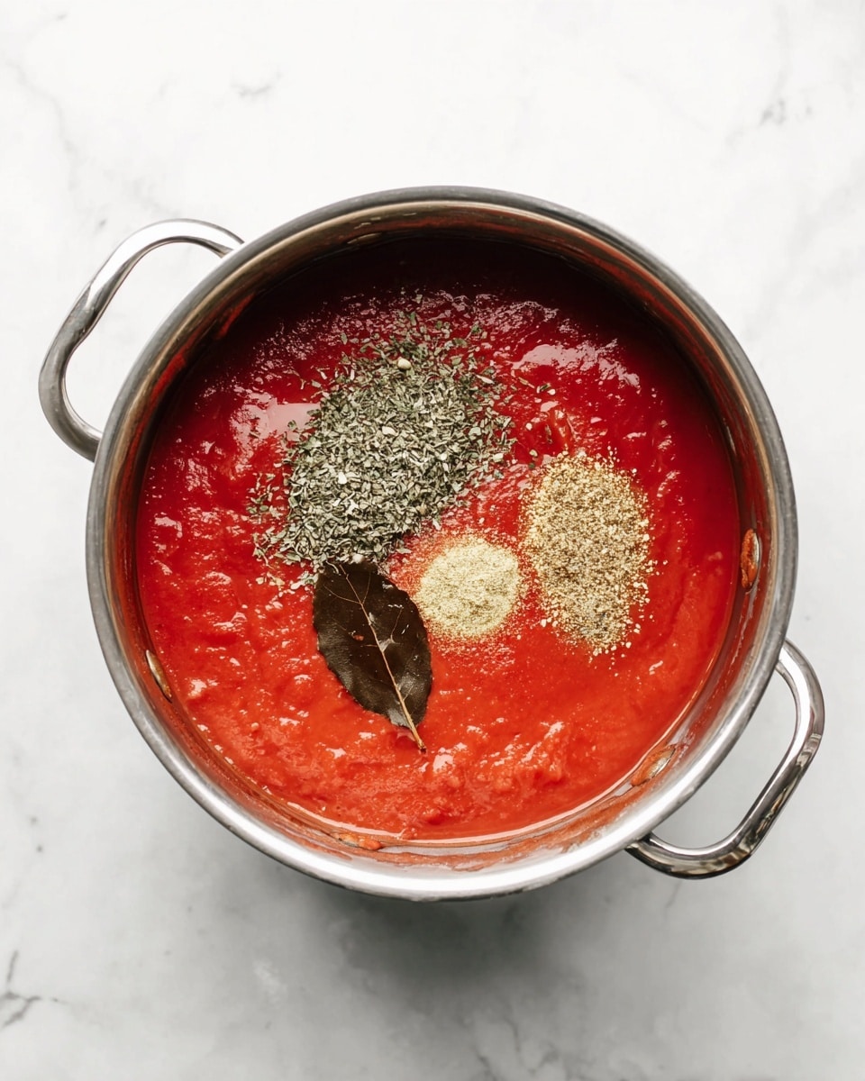 A metal pot filled with bright red tomato sauce with a thick texture sits on a white marbled surface. On top of the sauce, there are scattered green dried herbs in two piles, a small mound of light brown granulated garlic, and one dark brown bay leaf near the center, creating a layered look of spices on the smooth tomato sauce. The pot has two silver handles on each side, and the scene is brightly lit. Photo taken with an iphone --ar 4:5 --v 7
