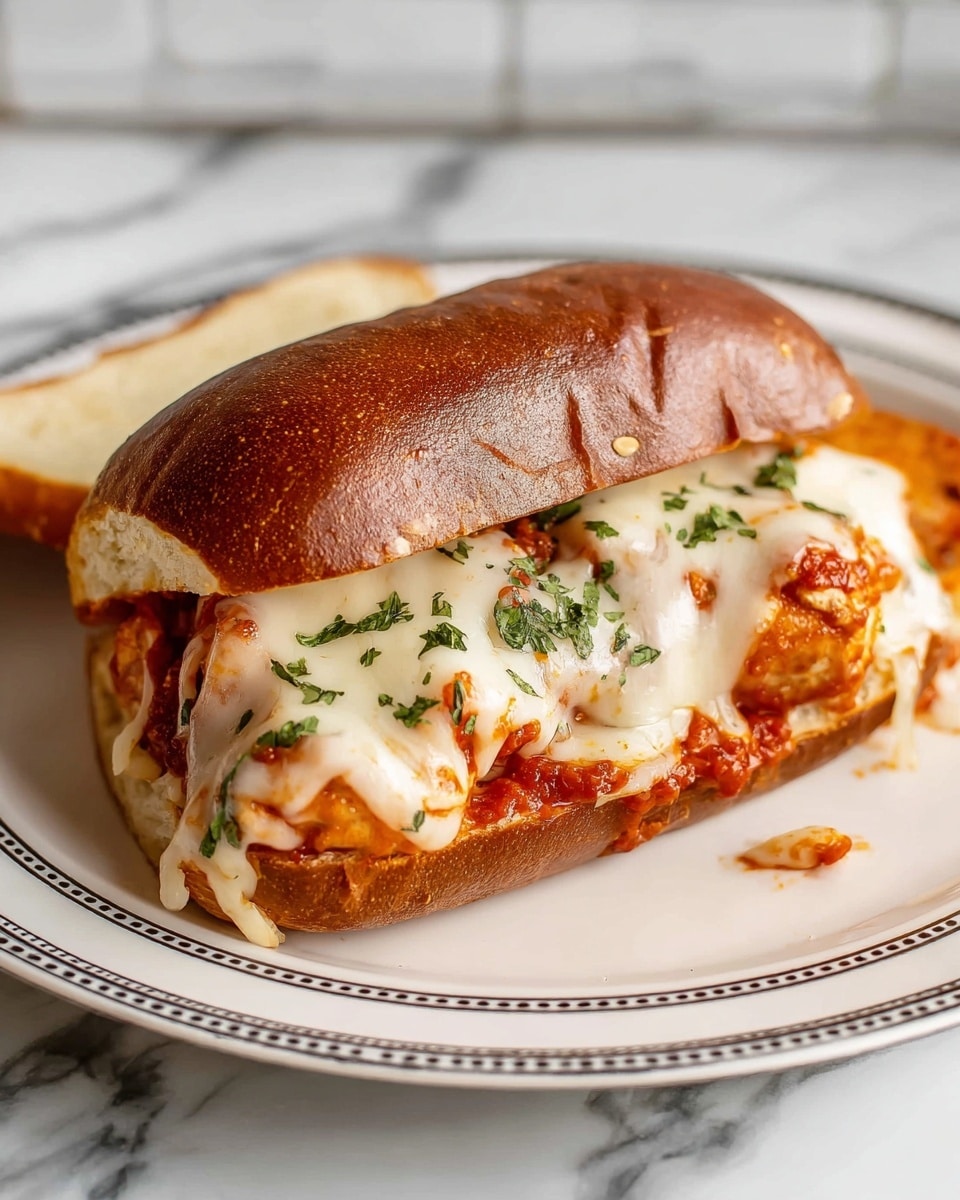 A toasted brown sandwich bun with a soft inside holds a layer of red tomato sauce-covered pieces of cooked chicken. On top of the chicken is a thick layer of melted white cheese with some green parsley herbs sprinkled over it. The sandwich is served on a white plate with a thin black rim and a dotted pattern on one side, all set on a white marbled surface. Photo taken with an iphone --ar 4:5 --v 7