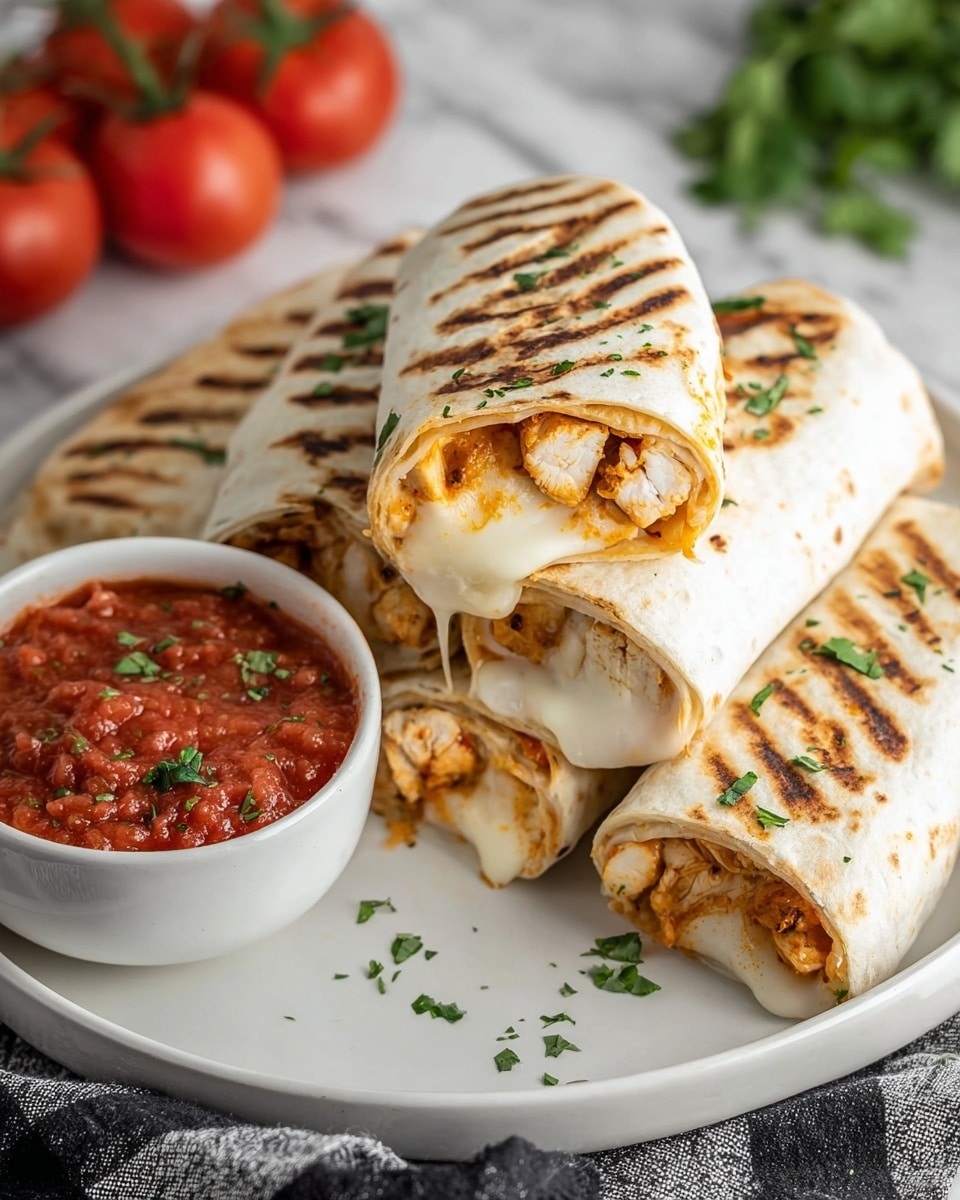 The image shows a white plate with five grilled burrito wraps. The burritos are toasted with brown grill marks and sprinkled with green chopped herbs. Two burritos are stacked, showing the inside filled with white melted cheese and pieces of cooked chicken with a light orange sauce. To the side, there is a white round bowl filled with red chunky tomato salsa topped with small bits of green herbs. In the blurred white marbled background, there are fresh red tomatoes and some green herbs. A black and white cloth is partially visible under the plate. Photo taken with an iphone --ar 4:5 --v 7
