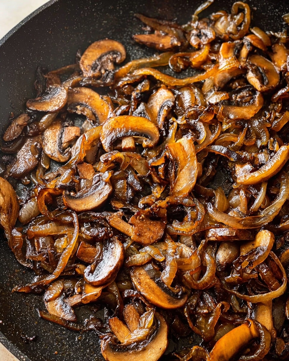 This image shows a close-up of a black skillet filled with cooked mushrooms and onions. The mushrooms are sliced thin and have a deep brown color with a soft, slightly shiny texture. The onions are also thinly sliced, caramelized to a rich dark brown, curling and mixing evenly with the mushrooms. The skillet has a rough textured surface, and the cooked vegetables cover almost the entire pan, creating a dense, warm-looking mixture. Photo taken with an iphone --ar 4:5 --v 7