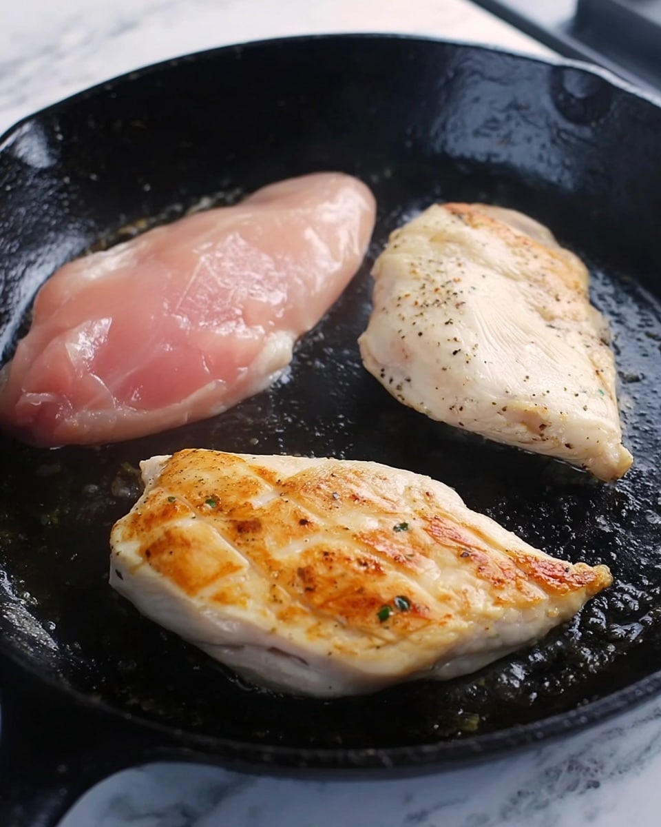 The image shows three pieces of chicken cooking in a black cast iron pan. The piece at the top left is raw with a pale pink color and a shiny surface. The piece at the top right is partially cooked, showing a light white color with some seasoning. The piece at the bottom center is more cooked, with a golden brown color and slight grill marks. The pan has a few spots of oil around the chicken and is on a white marbled surface. photo taken with an iphone --ar 4:5 --v 7