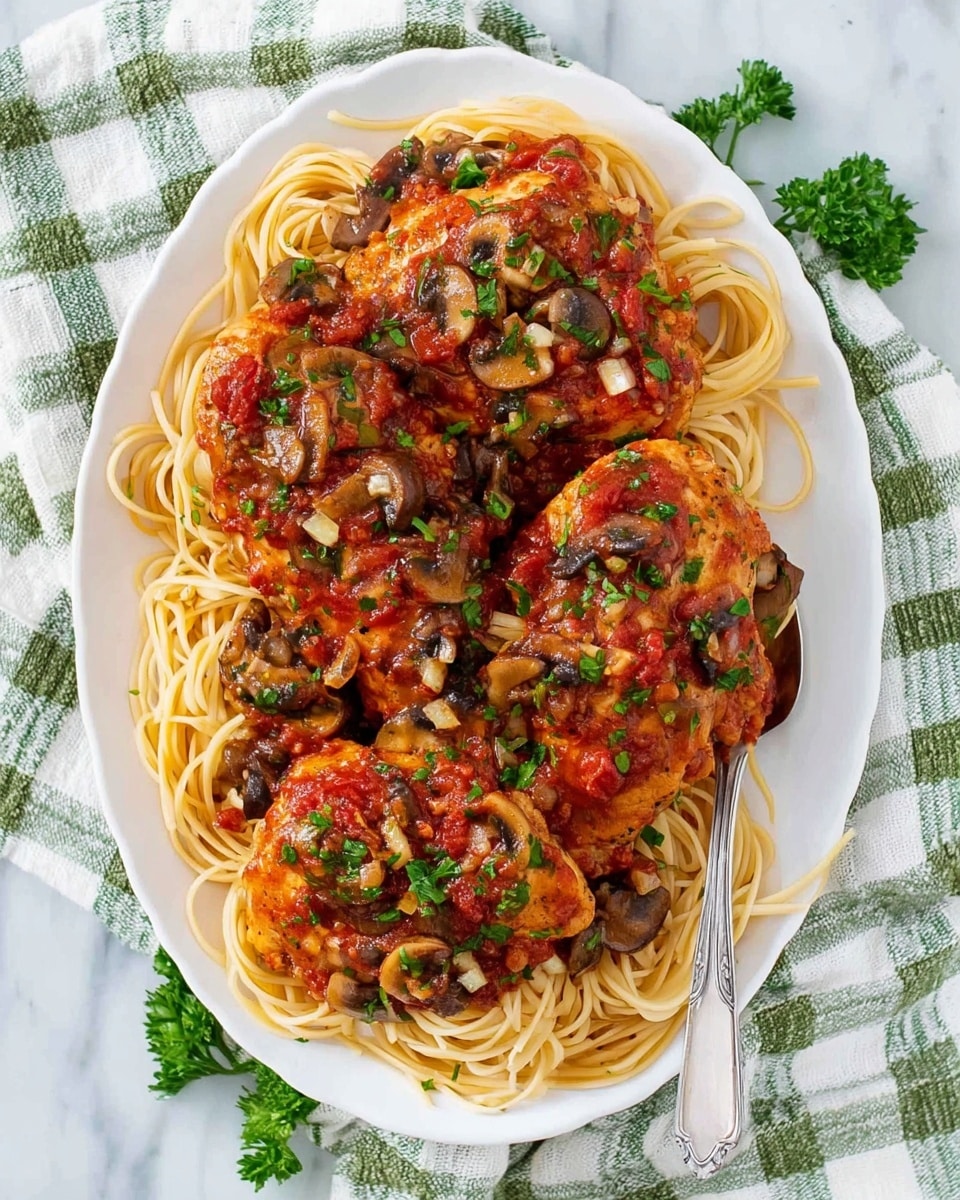 The dish shows a white oval plate filled with a bed of long, light brown spaghetti noodles arranged in a loose pile. On top, there are three large pieces of golden brown cooked chicken covered with a chunky red tomato sauce mixed with sliced dark brown mushrooms, green bell pepper pieces, and small bits of white garlic. The sauce and toppings spread over the chicken create a textured, vibrant look with little green parsley leaves sprinkled across the whole plate for color. A silver spoon rests on the right side under one piece of chicken. The plate sits on a white cloth with green checkered lines, all placed against a white marbled surface. photo taken with an iphone --ar 4:5 --v 7