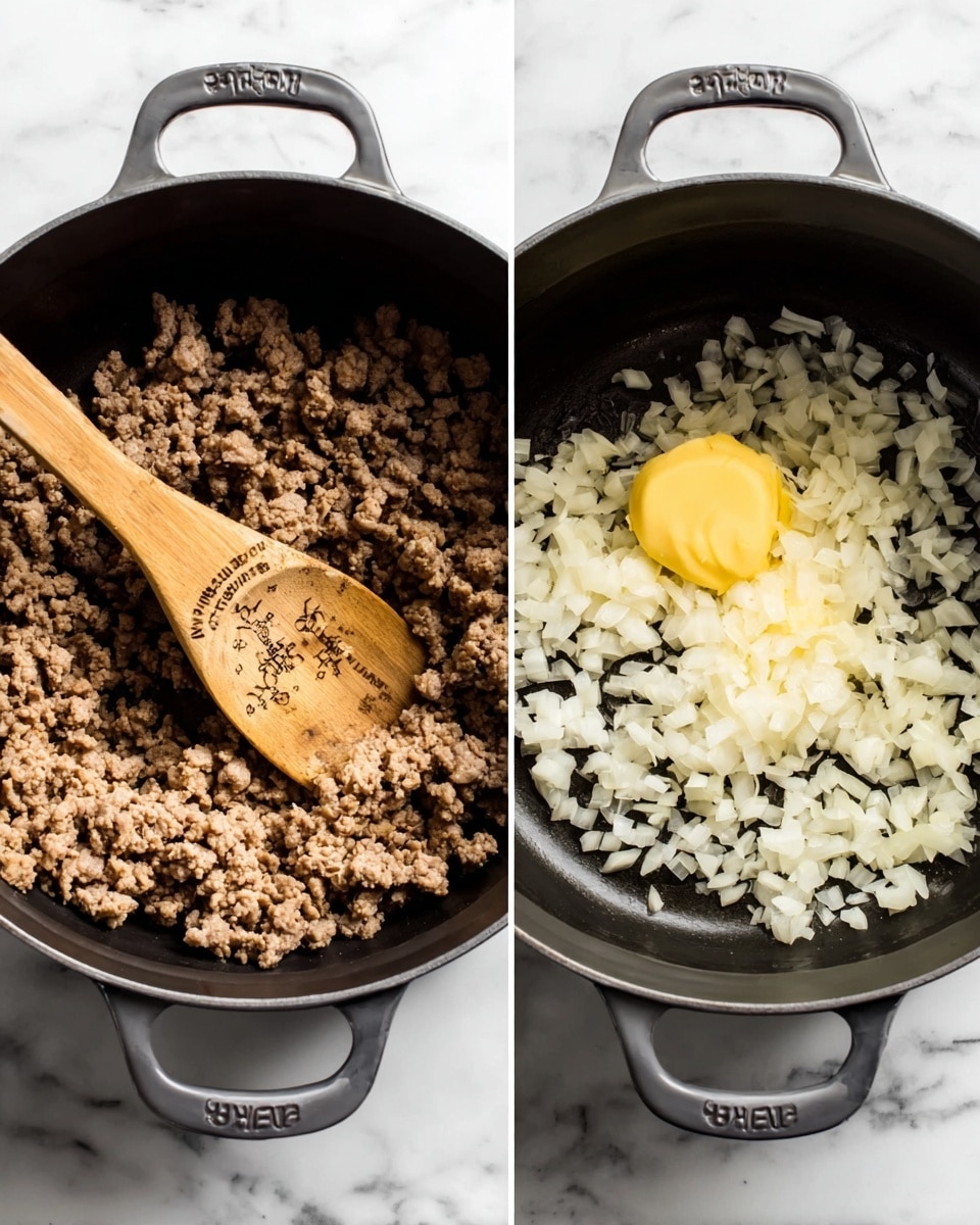 The image shows two black cooking pots on a white marbled surface, each filled with different ingredients. The left pot contains light brown cooked ground meat with a wooden spoon resting on top, the spoon has text and small decorative icons burned into the wood. The right pot holds a shiny yellow piece of butter melting alongside a generous layer of small, finely chopped white onion pieces scattered across the pot's base. The scene focuses on the colors and textures inside the pots. Photo taken with an iphone --ar 4:5 --v 7