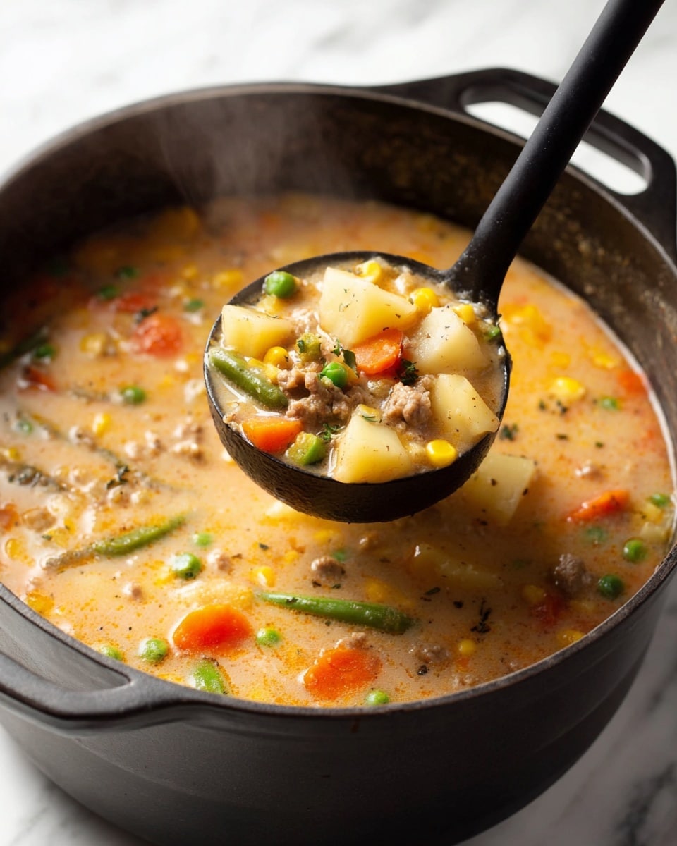 A black pot filled with thick creamy soup that has visible layers of diced light yellow potatoes, bright orange carrots, green peas, green beans, yellow corn, and small chunks of browned meat mixed throughout. A black ladle lifts a portion of the soup showing these colorful ingredients clearly, surrounded by the smooth broth with a light orange tint. The pot is set on a white marbled surface. Steam rises softly from the soup, adding a warm feeling to the image photo taken with an iphone --ar 4:5 --v 7
