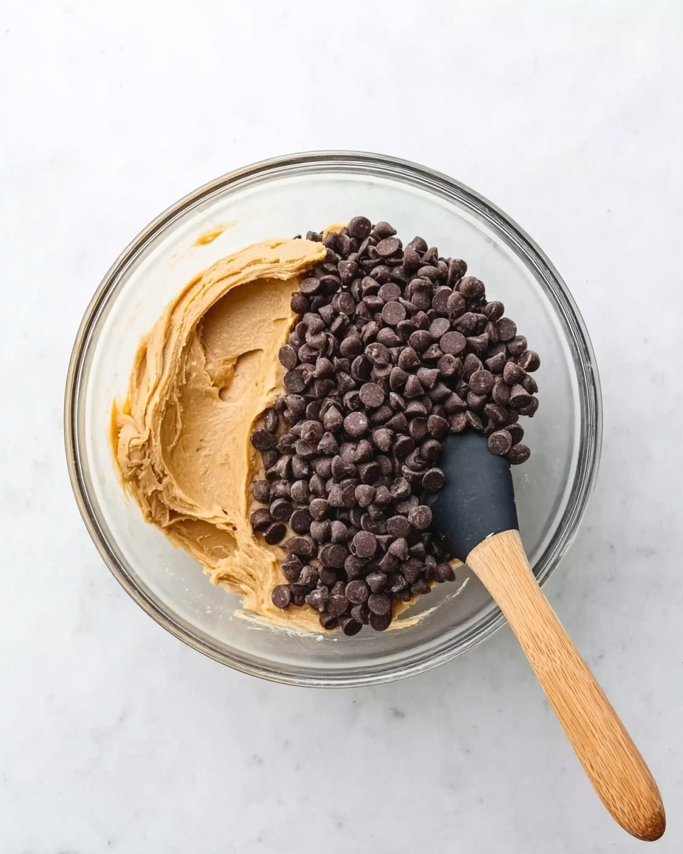 A clear glass bowl sits on a white marbled surface, filled halfway with smooth, light brown peanut butter dough that has a creamy texture. On top of the dough, there is a large pile of small, dark brown chocolate chips clustered mostly on one side of the bowl. Next to the bowl, on the right side, is a wooden spatula with a black silicone head resting on the white marbled surface. photo taken with an iphone --ar 4:5 --v 7