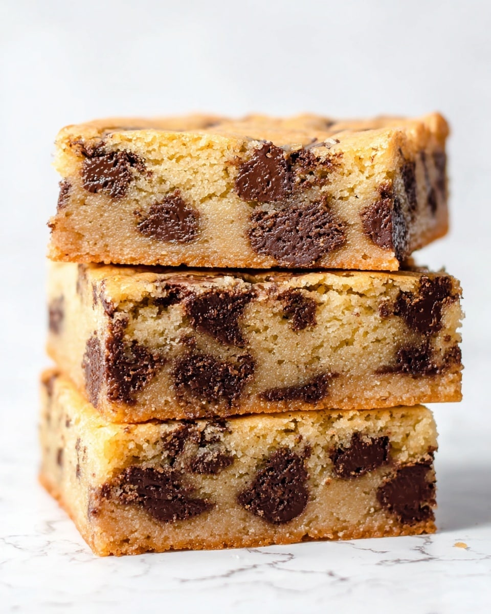 The image shows a close-up view of three thick, rectangular cookie bars stacked on top of each other. Each bar has a light golden-brown color with a soft and slightly crumbly texture. There are many melted chocolate chips evenly spread throughout all three layers, creating dark brown, glossy spots that contrast with the lighter dough. The cookie bars have straight edges and appear dense yet soft. The background and surface are a white marbled texture. photo taken with an iphone --ar 4:5 --v 7