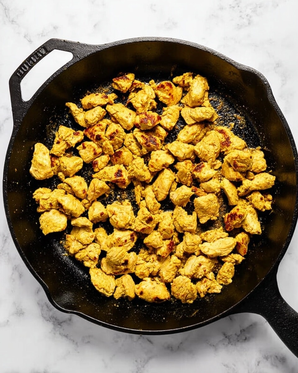 A black cast iron skillet filled with many small pieces of cooked chicken, all golden yellow with some brown spots showing they are fried or grilled, scattered evenly inside the skillet. The skillet sits on a white marbled surface, and the overall look shows a slightly rough texture on the chicken pieces. Photo taken with an iphone --ar 4:5 --v 7