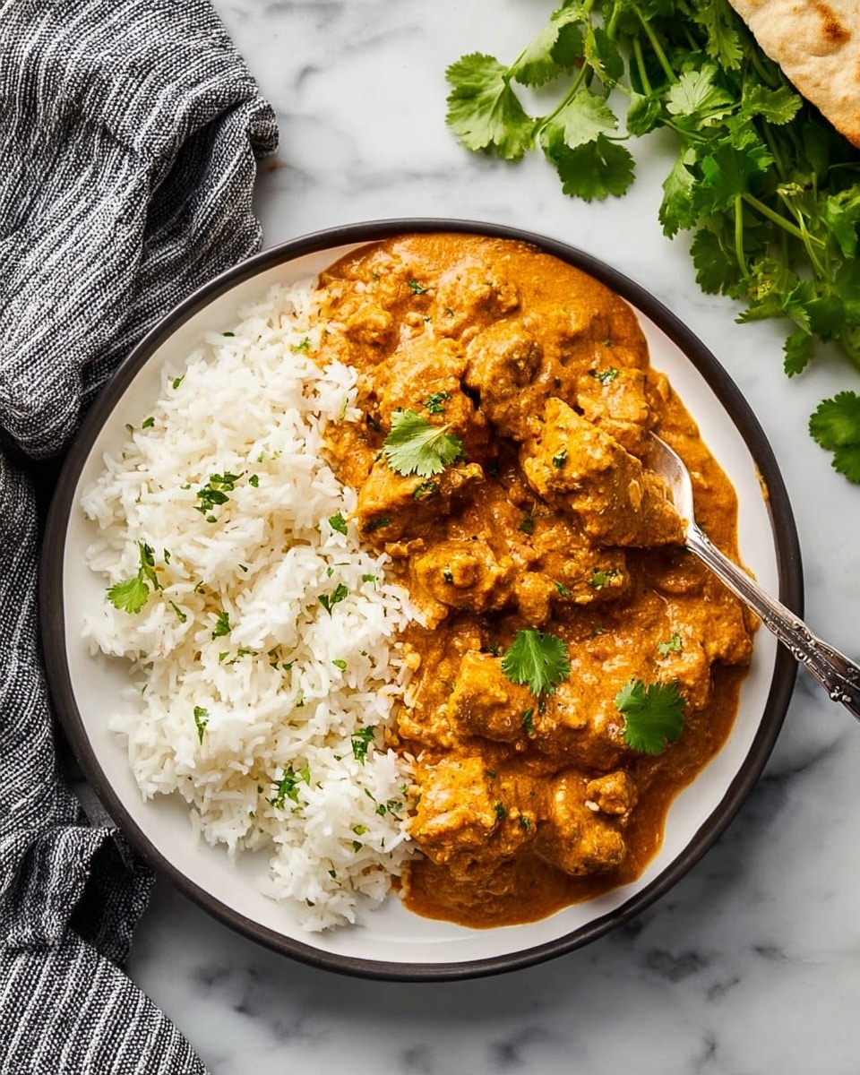 A white plate holds a serving of white rice on the left side, with an orange creamy curry covering the right side and part of the rice. The curry has visible chunks of tender meat and is garnished with a few green cilantro leaves. A fork is lifting some of the curry from the plate. The plate is placed on a white marbled surface, next to a grey and white striped cloth and some fresh green cilantro in the upper right corner. Photo taken with an iphone --ar 4:5 --v 7
