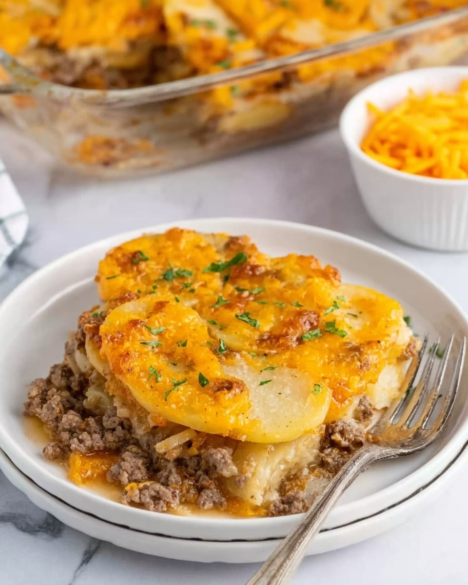 The image shows a white round plate filled with a layered dish that includes browned ground meat at the bottom, topped with a thick layer of tender sliced potatoes, and covered with melted golden orange cheddar cheese. Some chopped green herbs are sprinkled on top for color. A silver fork rests on the right side of the plate. In the background, there is a small white bowl filled with shredded cheddar cheese and a glass baking dish with more of the layered dish inside, all placed on a white marbled surface. Photo taken with an iphone --ar 4:5 --v 7