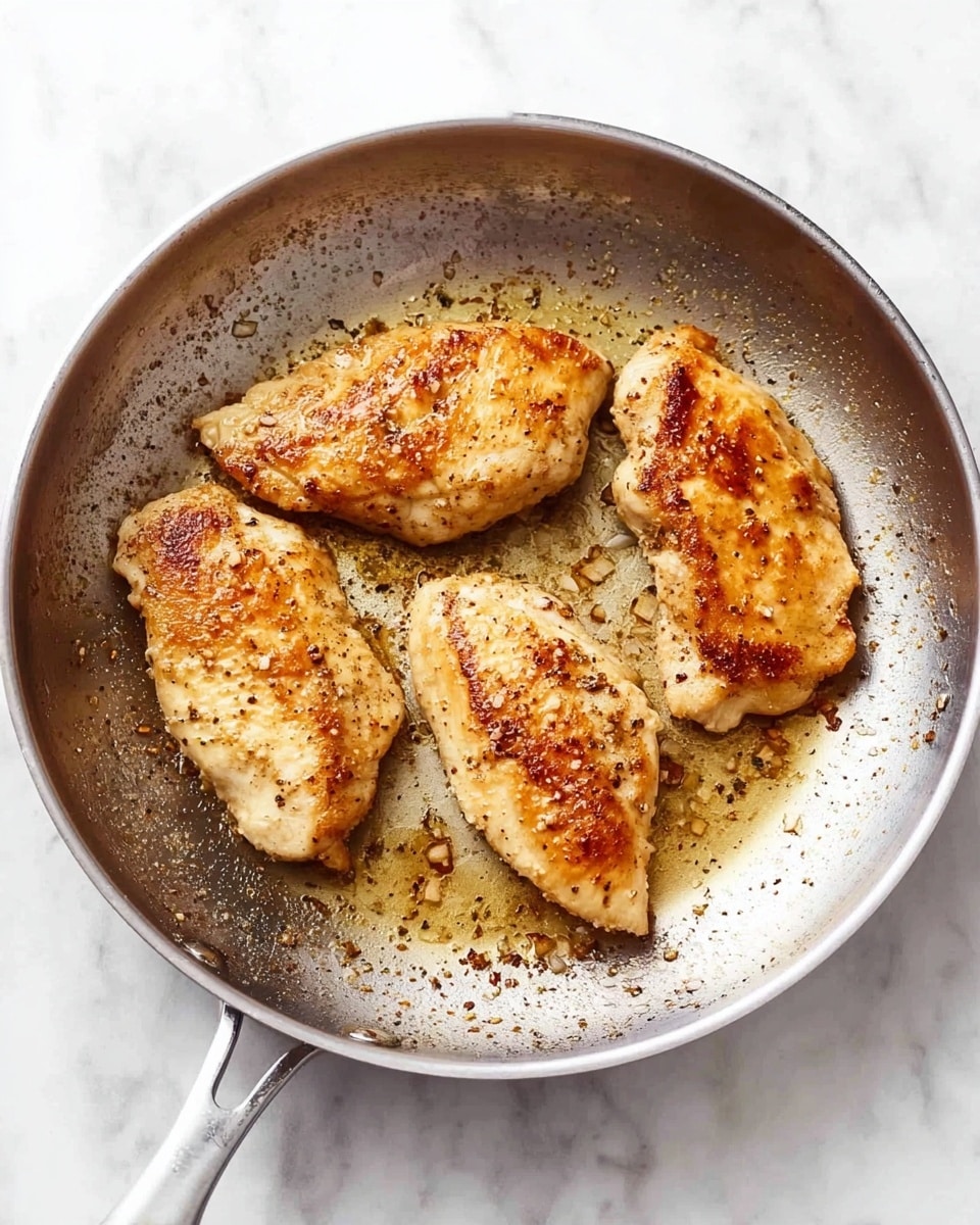 A silver pan holds four light golden-brown cooked chicken pieces arranged with two larger ones on the left and two smaller ones on the right, each piece showing a slightly crispy texture with some browning spots. The pan has light brown cooking marks and small flakes of seasoning around the chicken, all set on a white marbled surface. photo taken with an iphone --ar 4:5 --v 7
