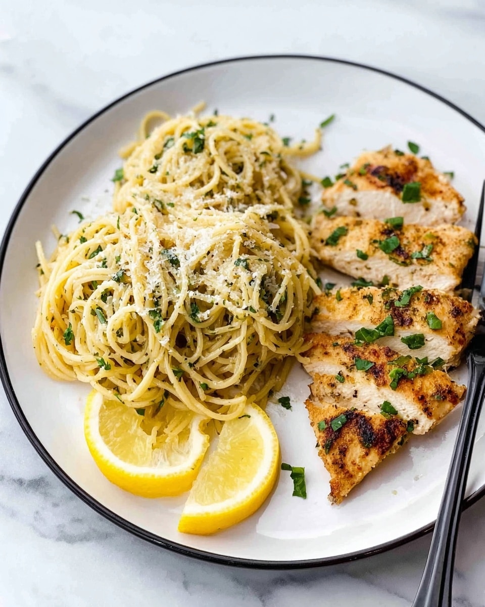 A white plate with a black rim holds two nests of pale yellow spaghetti mixed with green herbs, topped with a sprinkle of grated cheese. To the right, there is a golden brown grilled piece of chicken sliced into three pieces, garnished with chopped green herbs. Two lemon wedges, bright yellow with visible pulp, sit on the plate, one near the spaghetti and the other below the chicken. Next to the chicken, a black fork rests on the plate. The plate is on a white marbled surface. Photo taken with an iphone --ar 4:5 --v 7